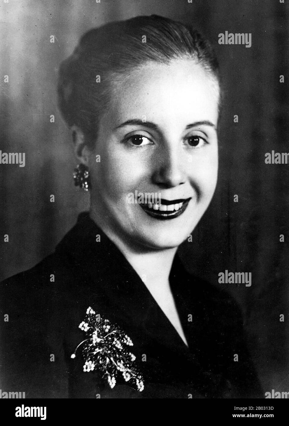 Maria Eva Duarte de Peron (7 May 1919 – 26 July 1952) was the second wife of Argentine President Juan Peron (1895–1974) and served as the First Lady of Argentina from 1946 until her death in 1952.  She is usually referred to as Eva Peron, or by the affectionate Spanish language diminutive Evita. Stock Photo