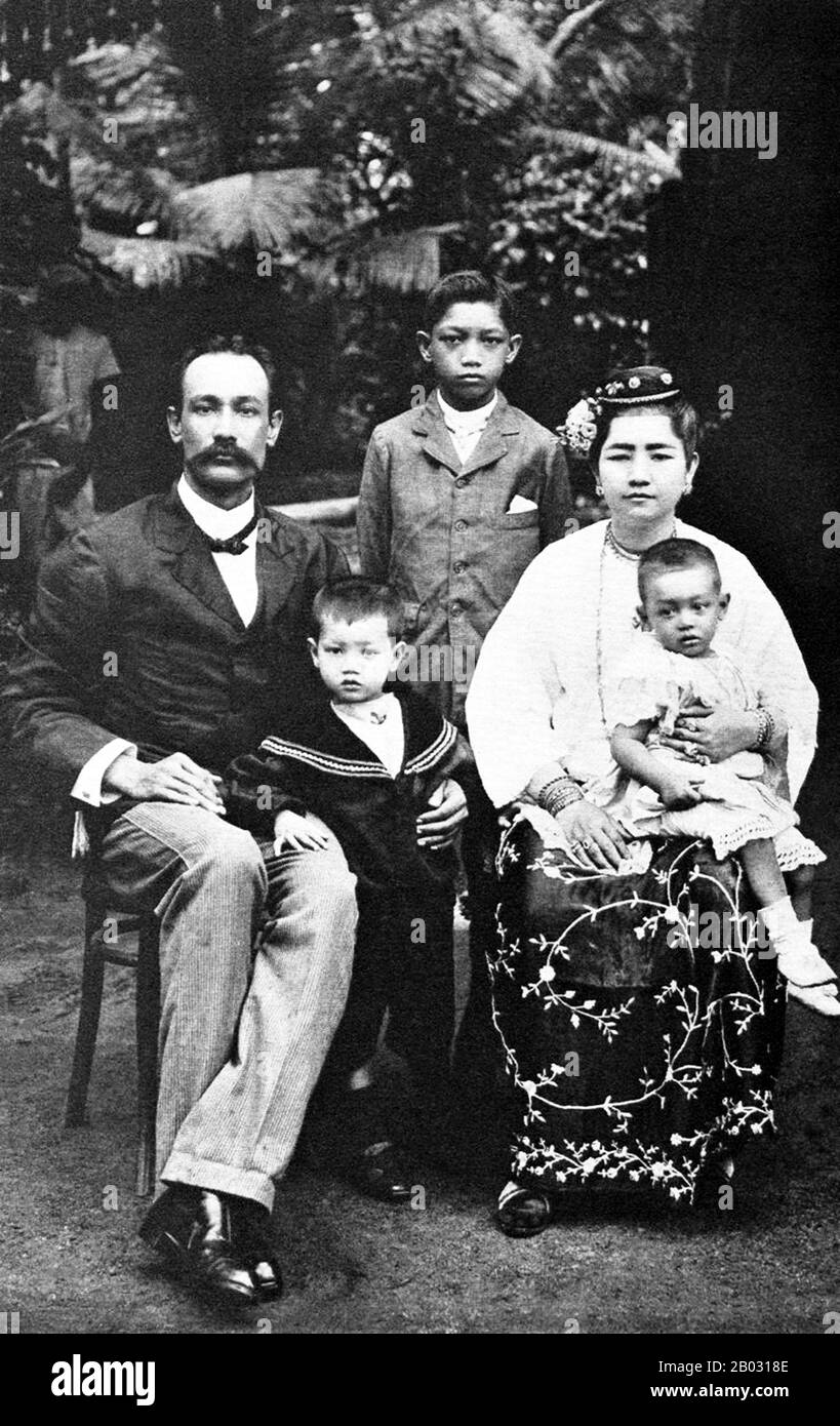 The Anglo-Burmese, also known as the Anglo-Burmans, are a community of Eurasians of Burmese and European descent, who emerged as a distinct community through mixed relations (sometimes permanent, sometimes temporary) between the British and other European settlers and the indigenous peoples of Burma from 1826 until 1948 when Burma gained its independence from the United Kingdom.  Most who remained after 1962 adopted Burmese names, and converted to Buddhism to protect their families, jobs and assets. Those who could not adjust to the new way of life after Independence and the coming of military Stock Photo