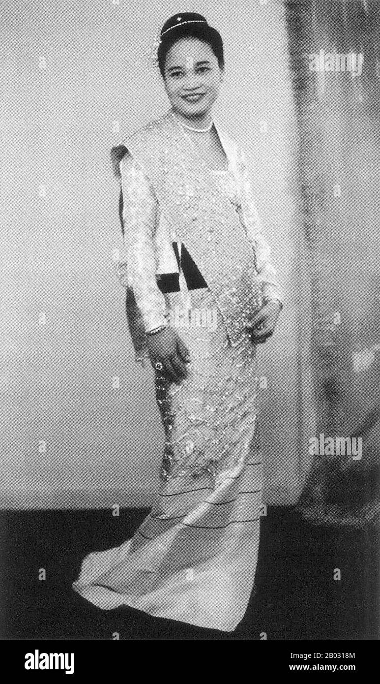 Sao Nang Hearn Kham, Daw Hearn Kham, (b. 26 May 1916 in Hsenwi d. 17 January 2003 in Canada) was the Mahadevi of Yawnghwe one of the most important Shan States. Her husband Sao Shwe Thaik was the 23d and last Saopha of Yawnghwe and became the first President of Burma. She had five children with him.  She was born as Hearn Kham on 26 May 1916 in Hsenwi, Northern Shan State, as the daughter of 65th Saopha Hkun Hsang Ton Hong of North Hsenwi. Her brother would be the 66th and last saopha of the state.  Together with her husband she participated in the 1946 - 1947 Pang Long Agreement. In post-inde Stock Photo