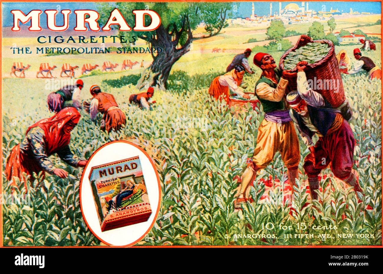 In the early 1900s, manufactures of Turkish and Egyptian cigarettes tripled their sales and became major competitors to leading brands. The New York-based Greek tobacconist Soterios Anargyros produced hand-rolled Murad cigarettes, made of pure Turkish tobacco.  Many of the Murad advertisements  others incorporated Orientalist motifs or models dressed in Middle Eastern dress. Stock Photo