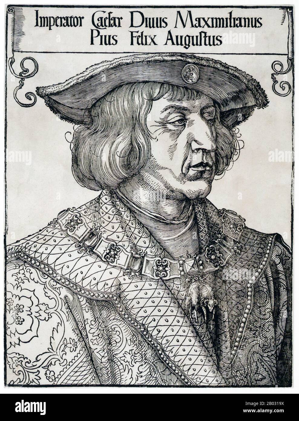 Maximilian I (22 March 1459 – 12 January 1519), the son of Frederick III, Holy Roman Emperor, and Eleanor of Portugal, was King of the Romans (also known as King of the Germans) from 1486 and Holy Roman Emperor from 1508 until his death, though he was never in fact crowned by the Pope, the journey to Rome always being too risky.  He had ruled jointly with his father for the last ten years of his father's reign, from c. 1483. He expanded the influence of the House of Habsburg through war and his marriage in 1477 to Mary of Burgundy, the heiress to the Duchy of Burgundy, but he also lost the Aus Stock Photo