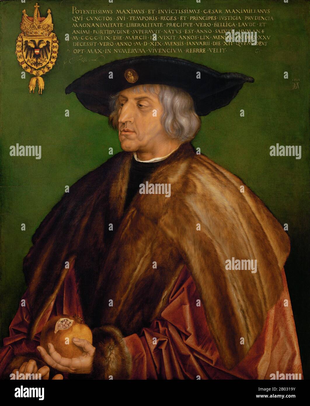 Maximilian I (22 March 1459 – 12 January 1519), the son of Frederick III, Holy Roman Emperor, and Eleanor of Portugal, was King of the Romans (also known as King of the Germans) from 1486 and Holy Roman Emperor from 1508 until his death, though he was never in fact crowned by the Pope, the journey to Rome always being too risky.  He had ruled jointly with his father for the last ten years of his father's reign, from c. 1483. He expanded the influence of the House of Habsburg through war and his marriage in 1477 to Mary of Burgundy, the heiress to the Duchy of Burgundy, but he also lost the Aus Stock Photo