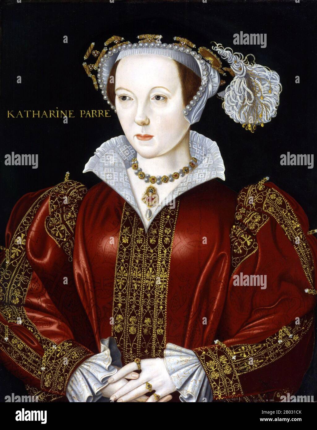 Catherine Parr (alternatively spelled Katherine or Kateryn) (1512 – 5 September 1548) was Queen of England and of Ireland (1543–47) as the last of the six wives of King Henry VIII. She married him on 12 July 1543, and outlived him by one year. She was also the most-married English queen, with four husbands.  Catherine enjoyed a close relationship with Henry's three children and was personally involved in the education of Elizabeth and Edward, both of whom became English monarchs. She was influential in Henry's passing of the Third Succession Act in 1543 that restored both his daughters, Mary a Stock Photo