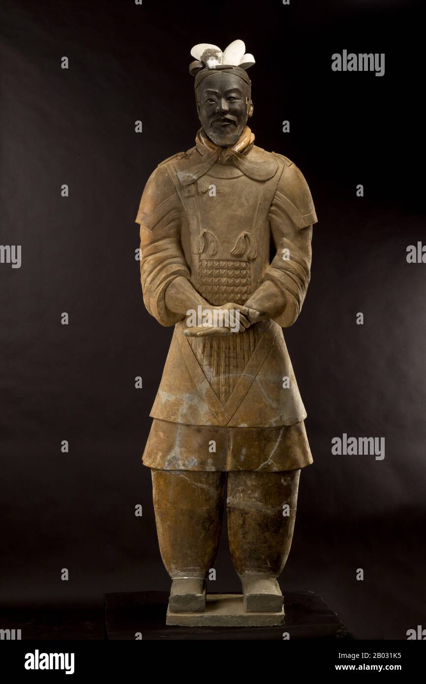 During a drought in 1974, farmers digging a well stumbled across one of the most amazing archaeological finds in modern history - the terracotta warriors.  The terracotta army, thousands of soldiers, horses and chariots, had remained secretly on duty for some 2,000 years, guarding the nearby mausoleum of Qin Shu Huang / Qin Shi Huangdi, the first emperor of a unified China (r. 246 - 221 BCE). The infamous Qinshi is best known for his ruthless destruction of books and the slaughter of his enemies.  Each of the terracotta figures, some standing, some on horseback, and some kneeling, bows drawn, Stock Photo