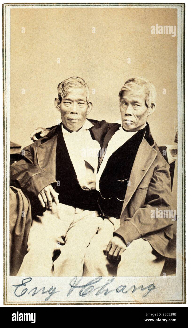 Chang and Eng Bunker (May 11, 1811 – January 17, 1874) were Thai-American conjoined twin brothers whose condition and birthplace became the basis for the term 'Siamese twins'.  The Bunker brothers were born on May 11, 1811, in the province of Samutsongkram, near Bangkok, in the Kingdom of Siam (today's Thailand). Their fisherman father was a Chinese Thai, while their mother was a Chinese Malaysian. Because of their Chinese heritage, they were known locally as the 'Chinese Twins'. The brothers were joined at the sternum by a small piece of cartilage, and though their livers were fused, they wer Stock Photo