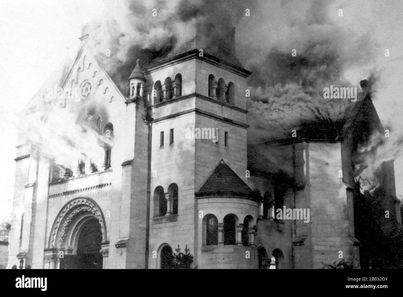 Kristallnacht or 'Crystal Night', also referred to as the Night of Broken Glass, was a pogrom against Jews throughout Nazi Germany and Austria that took place on 9–10 November 1938, carried out by SA paramilitary forces and German civilians.  German authorities looked on without intervening. The name Kristallnacht comes from the shards of broken glass that littered the streets after Jewish-owned stores, buildings, and synagogues had their windows smashed. Stock Photo