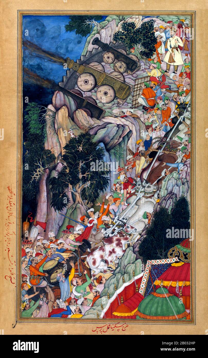 Siege of Ranthambore; on February 8, 1568, Akbar led a massive Mughal Army composed of over 50,000 men and besieged Ranthambore Fort. Akbar had become emboldened after his victories at the Battle of Thanesar and the Siege of Chittorgarh and only Ranthambore Fort remained unconquered.  Akbar believed that Ranthambore Fort was a major threat to the Mughal Empire because it housed Hada Rajputs who considered themselves sworn enemies of the Mughals.  On March 21, 1568, Rao Surjan Hada opened the gate of Ranthambore Fort and allowed the Mughal Army to enter after he collected statues of Hindu deiti Stock Photo