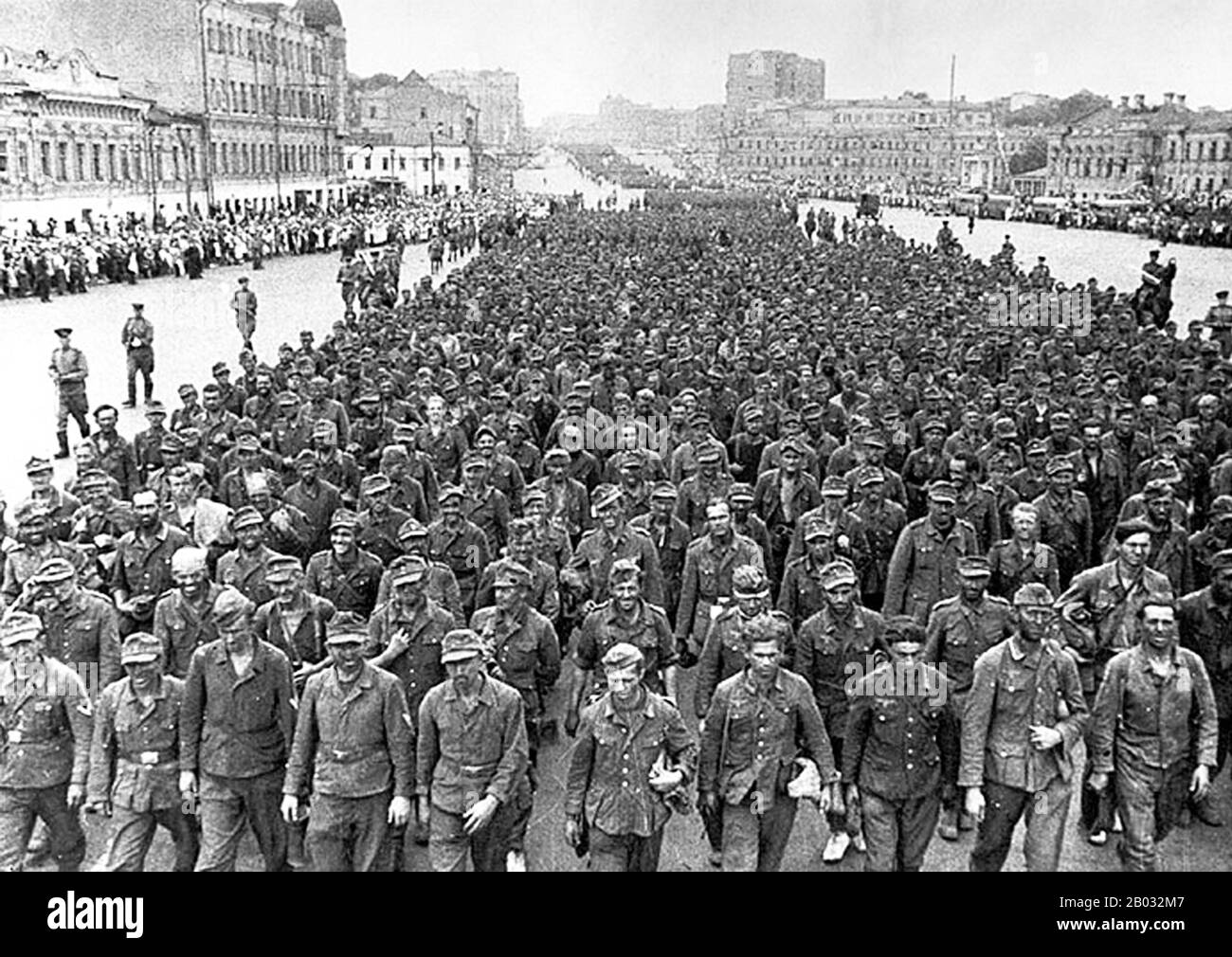 The Battle of Stalingrad (23 August 1942 – 2 February 1943) was a major battle on the Eastern Front of World War II in which Nazi Germany and its allies fought the Soviet Union for control of the city of Stalingrad (now Volgograd) in Southern Russia, near the eastern boundary of Europe.  Marked by constant close quarters combat and direct assaults on civilians by air raids, it is often regarded as one of the single largest (nearly 2.2 million personnel) and bloodiest (1.7–2 million wounded, killed or captured) battles in the history of warfare. The heavy losses inflicted on the German Wehrmach Stock Photo