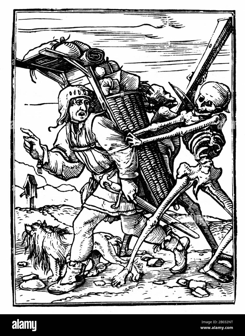 This is one of a celebrated series of small woodcuts that Holbein designed on the theme of Death. In the words of Christian Rümelin: 'Death is depicted in several guises in these illustrations, ranging from the murderous agent (of the monk, merchant, chandler, rich man, knight, earl and nobleman) to the warning commentator (of the pope, emperor, cardinal, judge, alderman, lawyer, and preacher)'.  Members of society are mostly portrayed in a situation designed to criticise a specific type of behaviour 'such as the corruption of the judge, the vanity of the canon, the acquisitiveness of the rich Stock Photo
