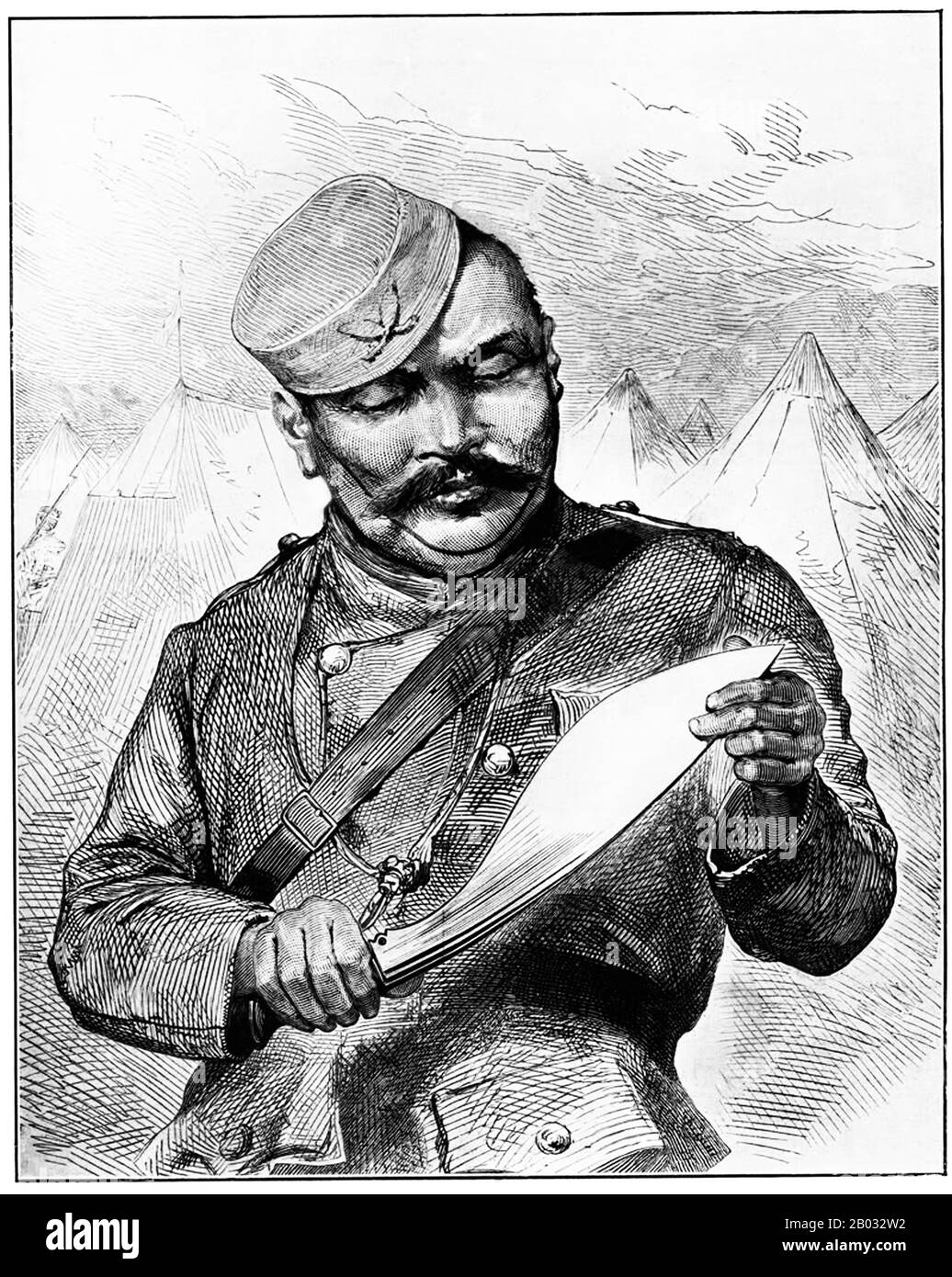 The Gurkhas are soldiers from Nepal. The name may be traced to the medieval Hindu warrior-saint Guru Gorakhnath who has a historic shrine in Gorkha, Nepal.  Gurkhas are closely associated with the khukuri, a forward-curving Nepalese knife and have a well known reputation for their fearless military prowess. The former Indian Army Chief of Staff Field Marshal Sam Manekshaw, once stated that 'If a man says he is not afraid of dying, he is either lying or is a Gurkha'. Stock Photo
