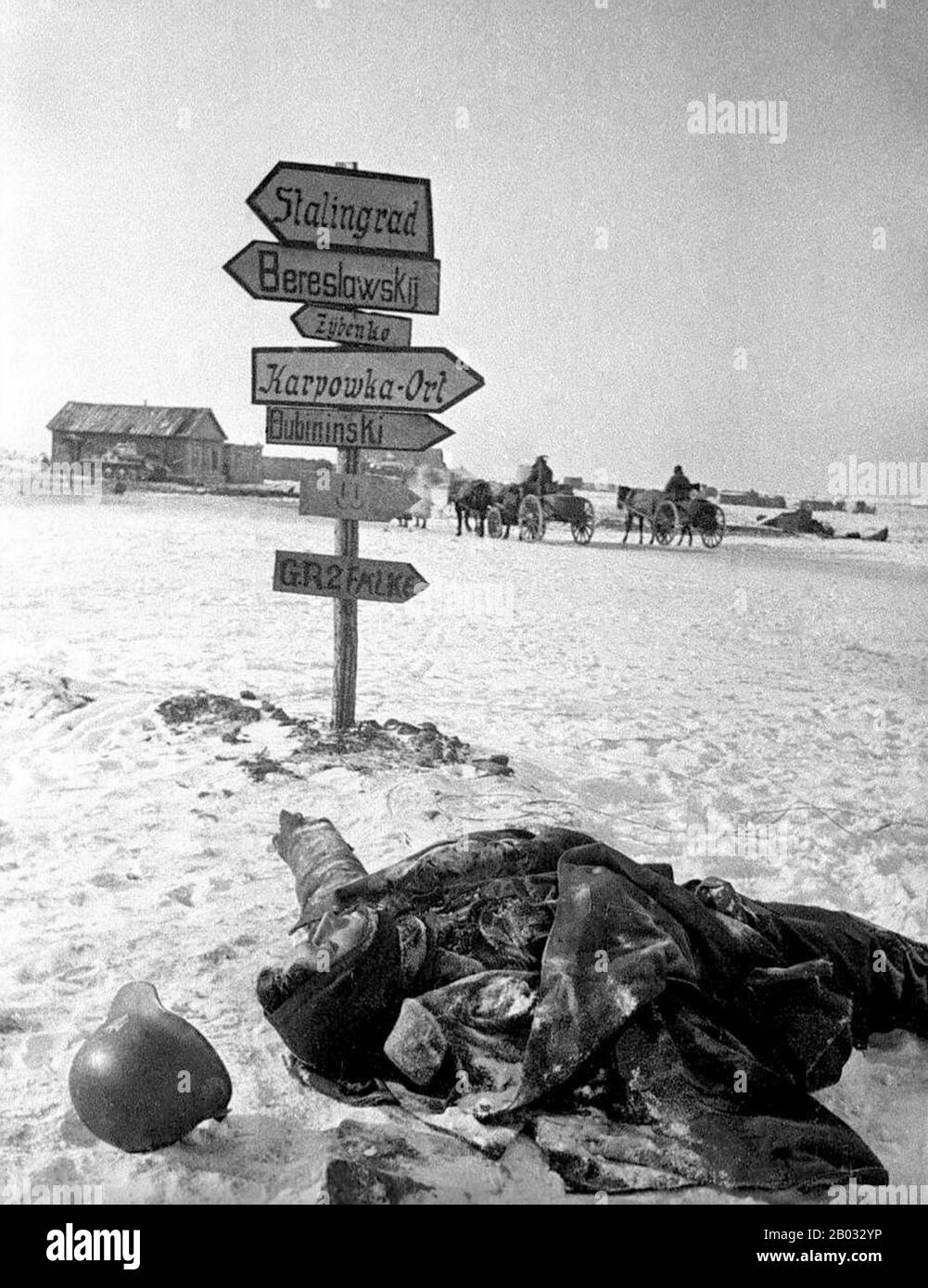 The Battle of Stalingrad (23 August 1942 – 2 February 1943) was a major battle on the Eastern Front of World War II in which Nazi Germany and its allies fought the Soviet Union for control of the city of Stalingrad (now Volgograd) in Southern Russia, near the eastern boundary of Europe.  Marked by constant close quarters combat and direct assaults on civilians by air raids, it is often regarded as one of the single largest (nearly 2.2 million personnel) and bloodiest (1.7–2 million wounded, killed or captured) battles in the history of warfare. The heavy losses inflicted on the German Wehrmach Stock Photo