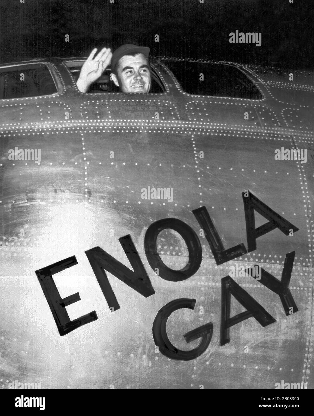 The Enola Gay is a Boeing B-29 Superfortress bomber named for Enola Gay Tibbets, the mother of the pilot, Colonel Paul Tibbets, who selected the aircraft while it was still on the assembly line. On 6 August 1945;, during the final stages of World War II, it became the first aircraft to drop an atomic bomb.  The bomb, code-named 'Little Boy', was targeted at the city of Hiroshima, Japan, and caused unprecedented destruction. Enola Gay participated in the second atomic attack as the weather reconnaissance aircraft for the primary target of Kokura. Clouds and drifting smoke resulted in Nagasaki b Stock Photo