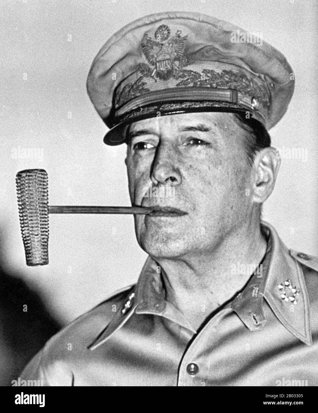 General of the Army Douglas MacArthur (January 26, 1880 – April 5, 1964) was an American general and field marshal of the Philippine Army. He was a Chief of Staff of the United States Army during the 1930s and played a prominent role in the Pacific theater during World War II.  He received the Medal of Honor for his service in the Philippines Campaign. Arthur MacArthur, Jr., and Douglas MacArthur were the first father and son to each be awarded the medal. He was one of only five men ever to rise to the rank of general of the army in the U.S. Army, and the only man ever to become a field marsha Stock Photo
