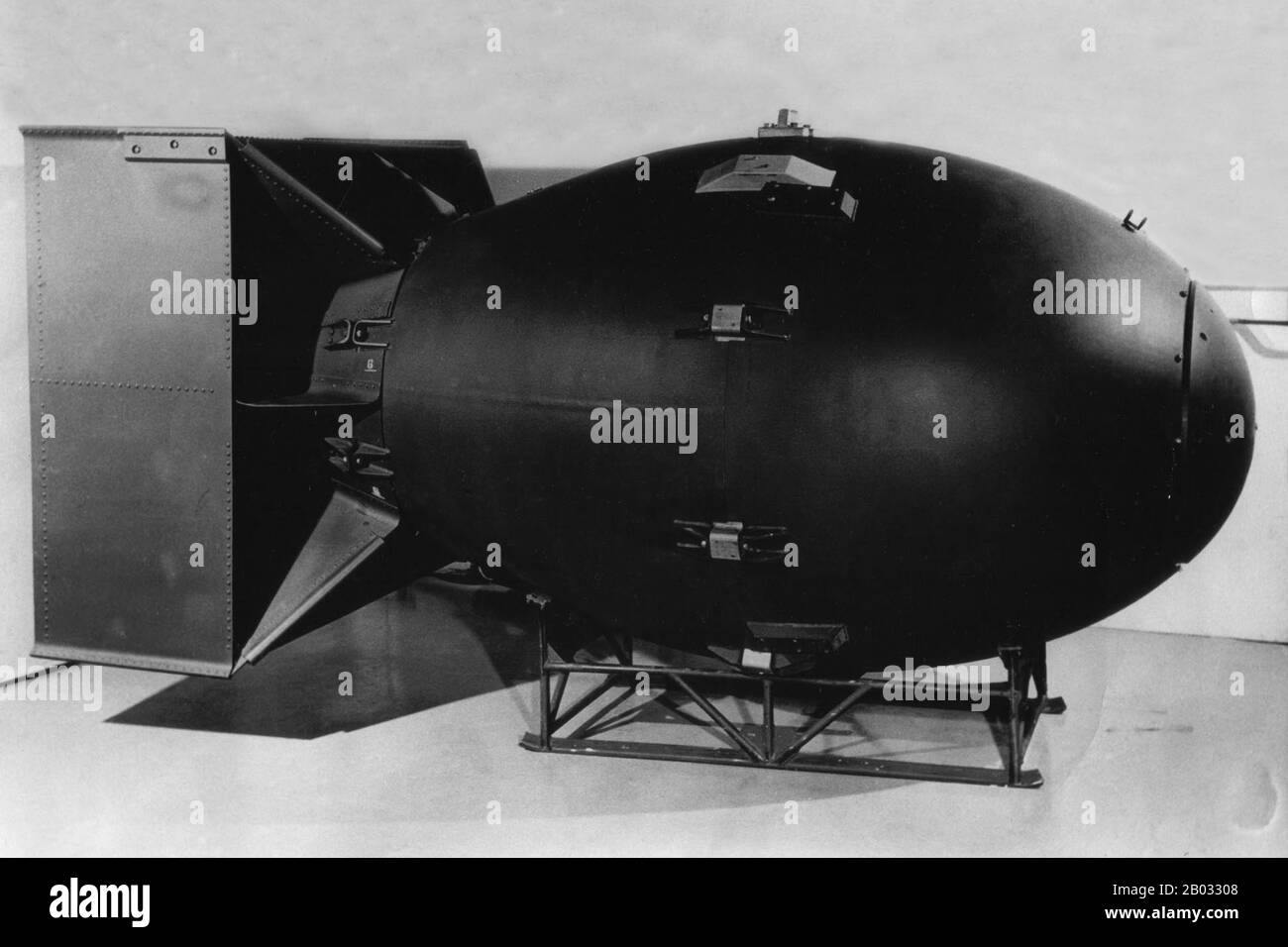 'Fat Man' was the codename for the type of atomic bomb that was detonated over the Japanese city of Nagasaki by the United States on 9 August 1945. It was the second of the only two nuclear weapons ever used in warfare, the first being 'Little Boy', and its detonation marked the third ever man-made nuclear explosion in history.  It was built by scientists and engineers at Los Alamos Laboratory using plutonium from the Hanford Site and dropped from the Boeing B-29 Superfortress Bockscar. Stock Photo