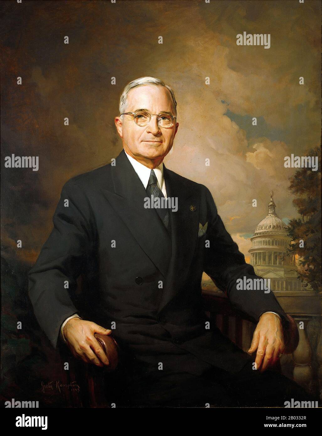 Harry S. Truman (May 8, 1884 – December 26, 1972) was the 33rd President of the United States (1945–53), an American politician of the Democratic Party. He served as a United States Senator from Missouri (1935–45) and briefly as Vice President (1945) before he succeeded to the presidency on April 12, 1945 upon the death of Franklin D. Roosevelt.  He was president during the final months of World War II, making the decision to drop the atomic bomb on Hiroshima and Nagasaki. Truman was elected in his own right in 1948. He presided over an uncertain domestic scene as America sought its path after Stock Photo