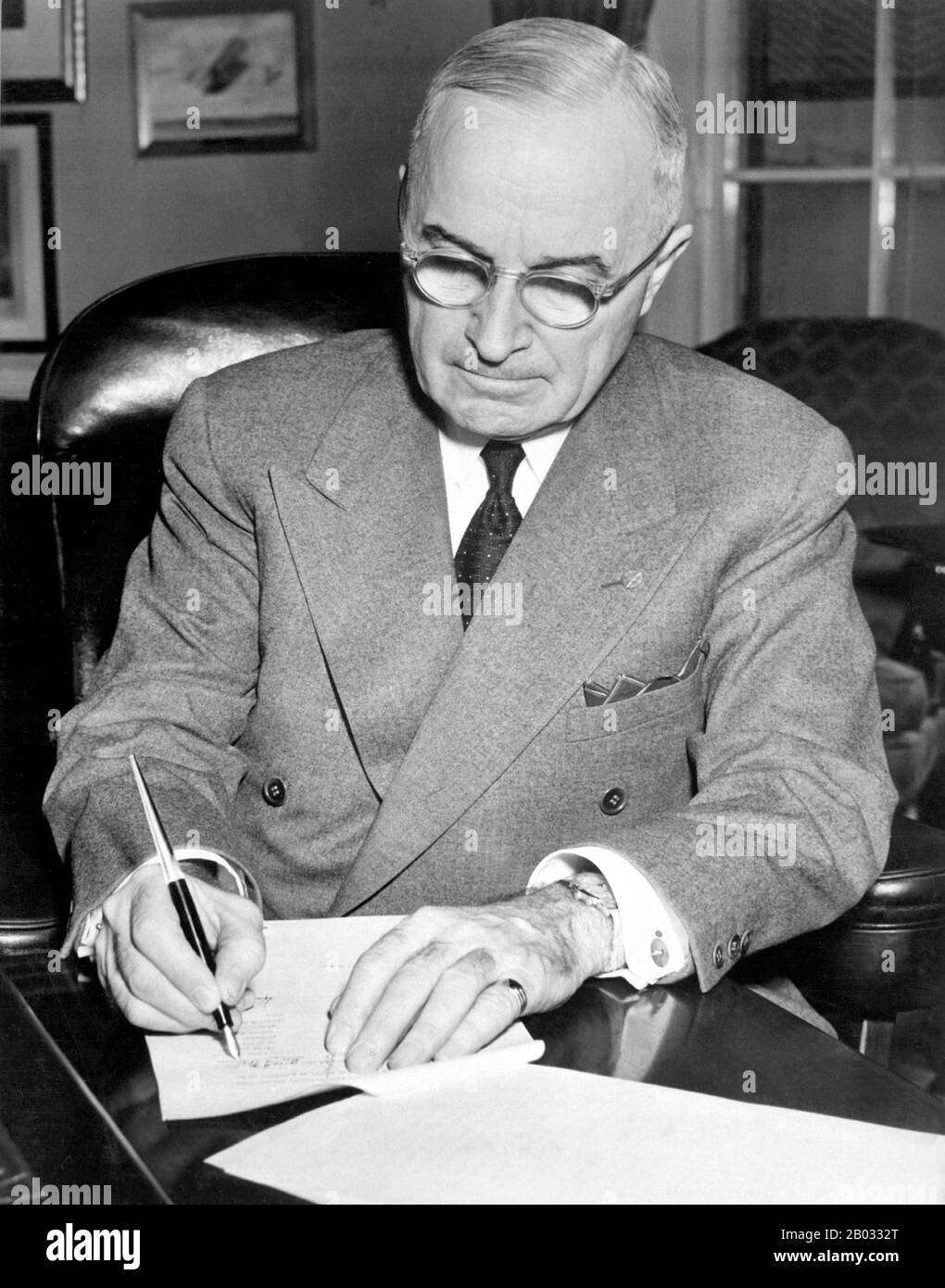 Harry S. Truman (May 8, 1884 – December 26, 1972) was the 33rd President of the United States (1945–53), an American politician of the Democratic Party. He served as a United States Senator from Missouri (1935–45) and briefly as Vice President (1945) before he succeeded to the presidency on April 12, 1945 upon the death of Franklin D. Roosevelt.  He was president during the final months of World War II, making the decision to drop the atomic bomb on Hiroshima and Nagasaki. Truman was elected in his own right in 1948. He presided over an uncertain domestic scene as America sought its path after Stock Photo