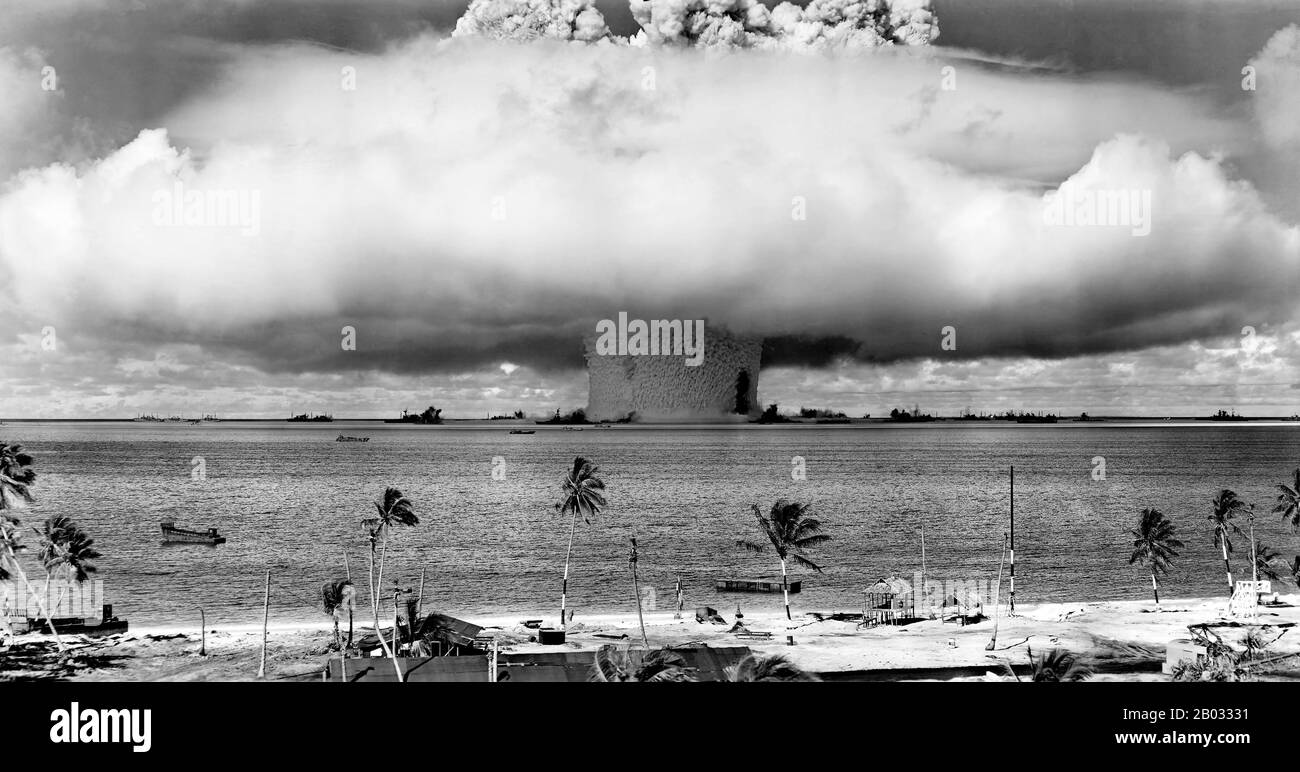 Operation Crossroads was a pair of nuclear weapon tests conducted by the United States at Bikini Atoll in mid-1946. They were the first nuclear weapon tests since Trinity in July 1945, and the first detonations of nuclear devices since the atomic bombing of Nagasaki on August 9, 1945.  The purpose of the tests was to investigate the effect of nuclear weapons on warships. Stock Photo
