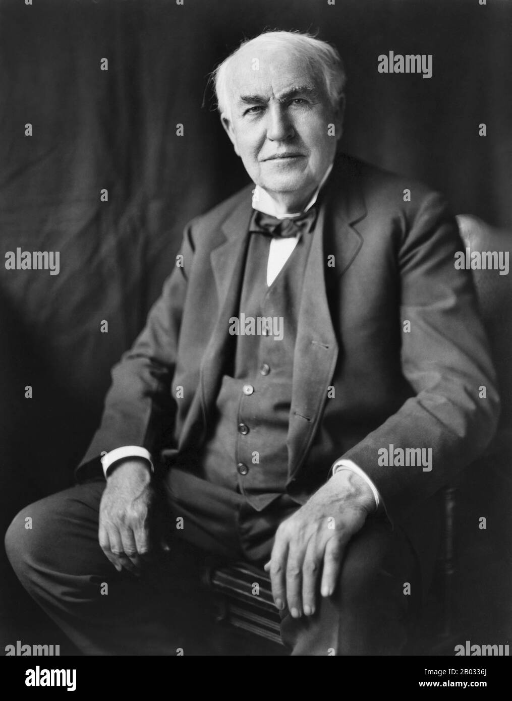 Thomas Alva Edison (February 11, 1847 – October 18, 1931) was an American inventor and businessman. He developed many devices that greatly influenced life around the world, including the phonograph, the motion picture camera, and the long-lasting, practical electric light bulb.  Edison was a prolific inventor, holding 1,093 US patents in his name, as well as many patents in the United Kingdom, France, and Germany. More significant than the number of Edison's patents was the widespread impact of his inventions: electric light and power utilities, sound recording, and motion pictures all establi Stock Photo