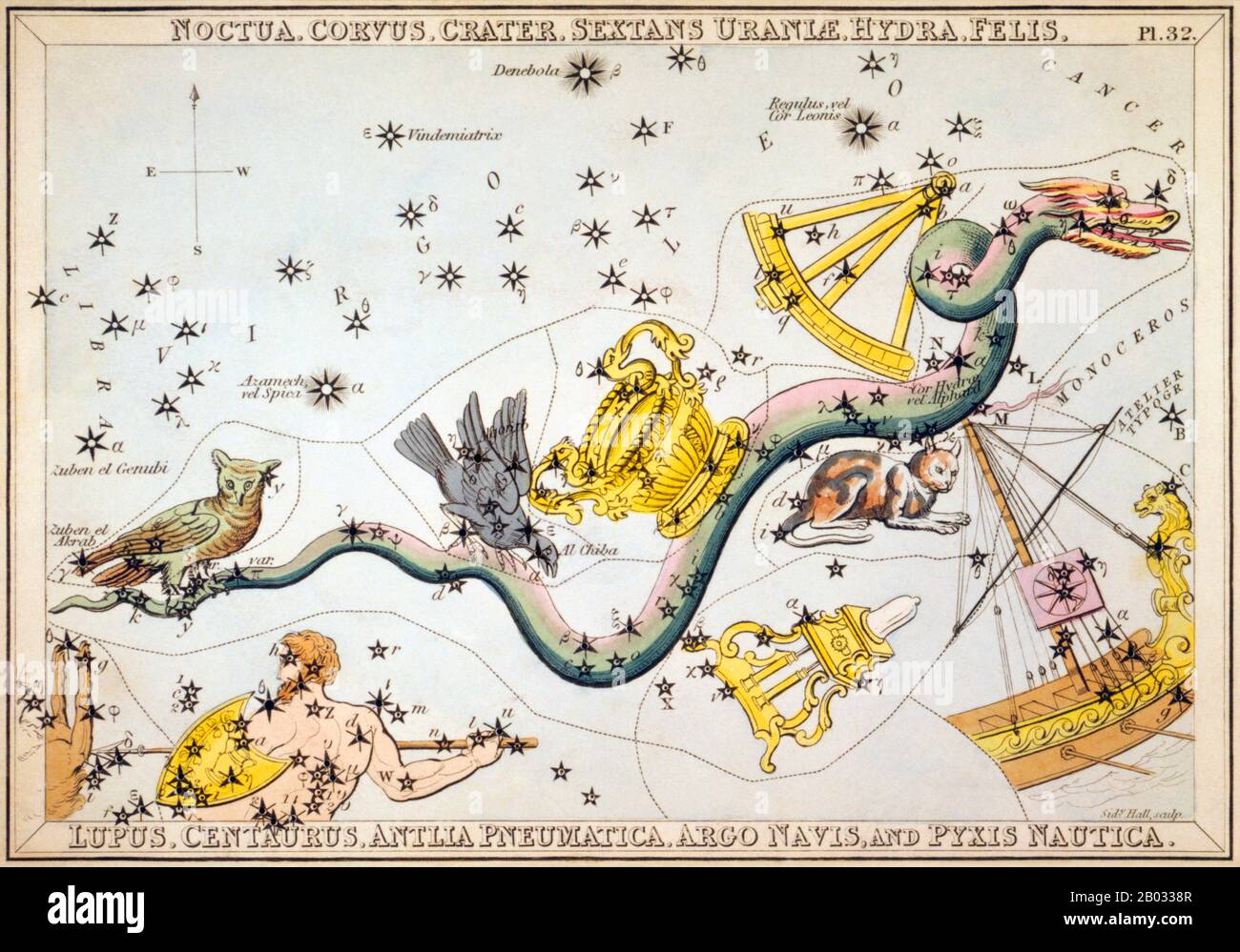 Urania's Mirror; or, a view of the Heavens is a set of 32 astronomical star chart cards, first published in November 1824. They had illustrations based on Alexander Jamieson's A Celestial Atlas, but the addition of holes punched in them allowed them to be held up to a light to see a depiction of the constellation's stars. They were engraved by Sidney Hall, and were said to be designed by 'a lady', but have since been identified as the work of the Reverend Richard Rouse Bloxam, an assistant master at Rugby School.  The cover of the box-set showed a depiction of Urania, the muse of astronomy, an Stock Photo
