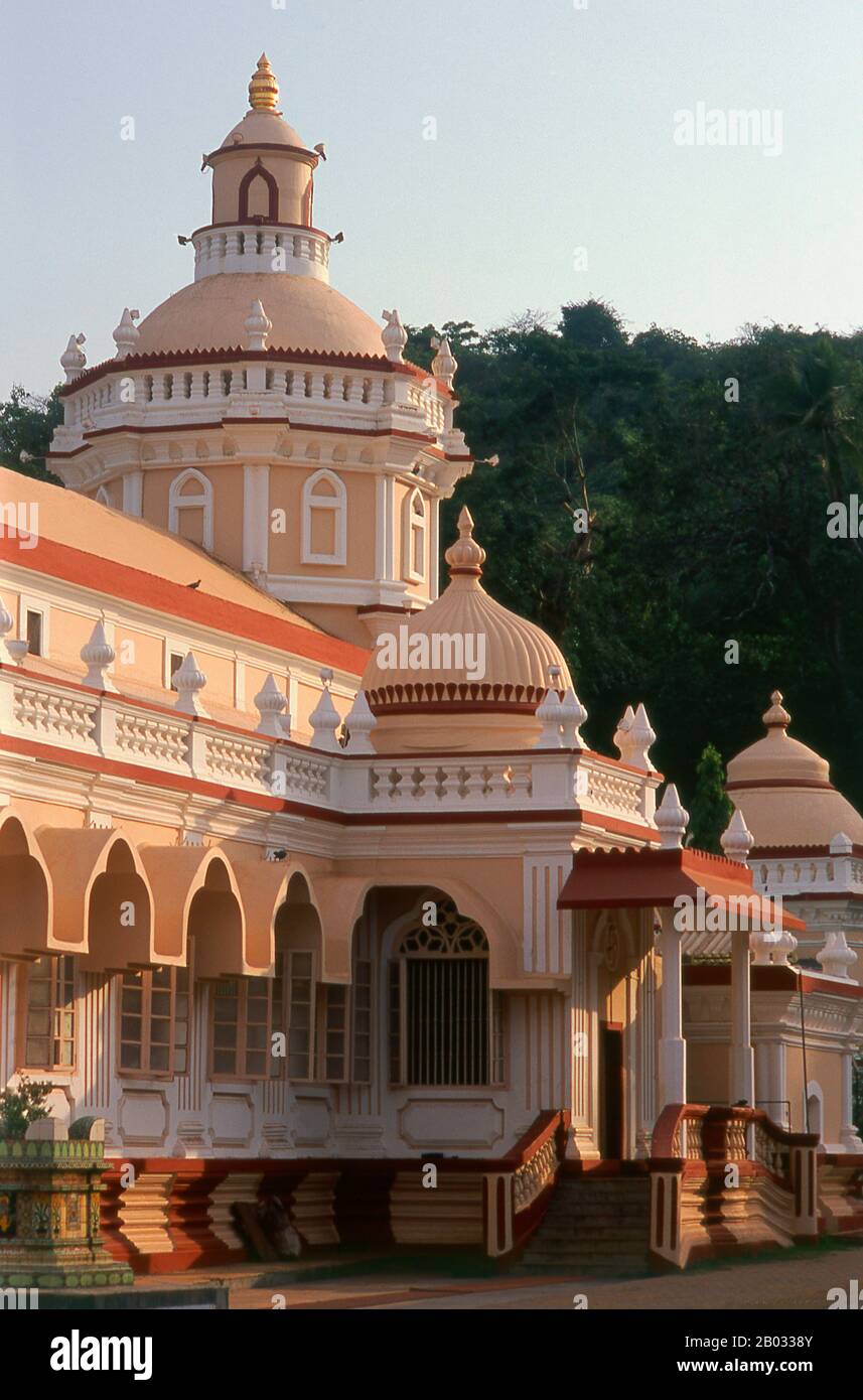 The Shri Mangesh Temple has its origins in Kushasthali Cortalim, a village in Saxty (Salcette) which fell to the invading Portuguese in 1543. In the year 1560, when the Portuguese started Christian conversions in Salcete, the Saraswats of Vatsa Gotra moved the Mangesh Linga from the original site on the banks of the Aghanashini (Zuari) River to its present location, which was then ruled by the Hindu kings of Sonde of Antruz Mahal (Ponda) and thought to be more secure.  The main temple is dedicated to Bhagavan Manguesh, an incarnation of Shiva. Stock Photo