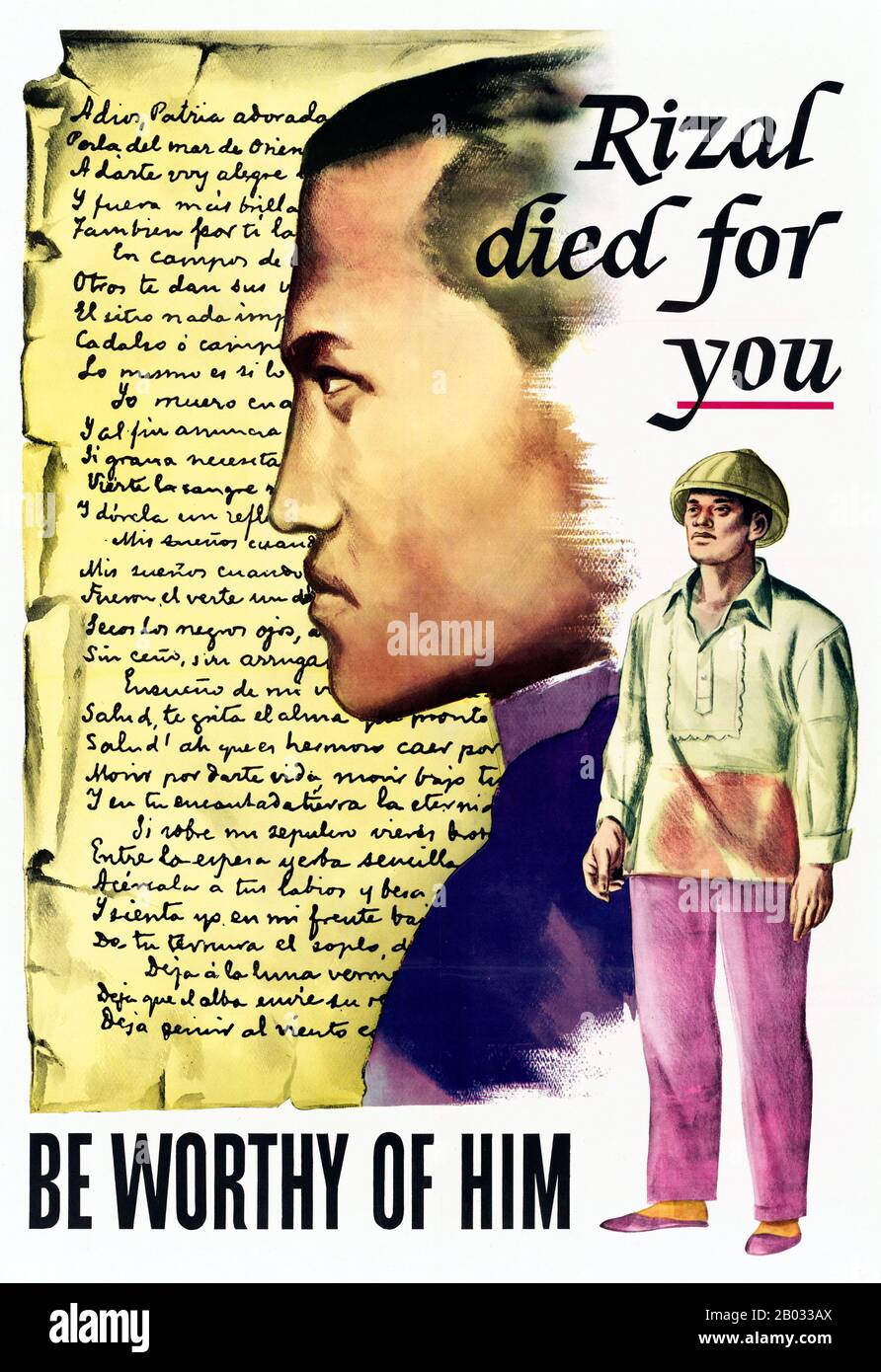 Jose Protasio Rizal Mercado y Alonso Realonda or popularly known as Jose Rizal (19 June 1861 – 30 December 1896) was a Filipino nationalist and polymath during the last years of the Spanish colonial period of the Philippines.  An ophthalmologist by profession, Rizal became a writer and a key member of the Filipino Propaganda Movement which advocated political reforms for the colony under Spain. He was executed by the Spanish colonial government for the crime of rebellion after an anti-colonial revolution, inspired in part by his writings, broke out.  Though he was not actively involved in its Stock Photo