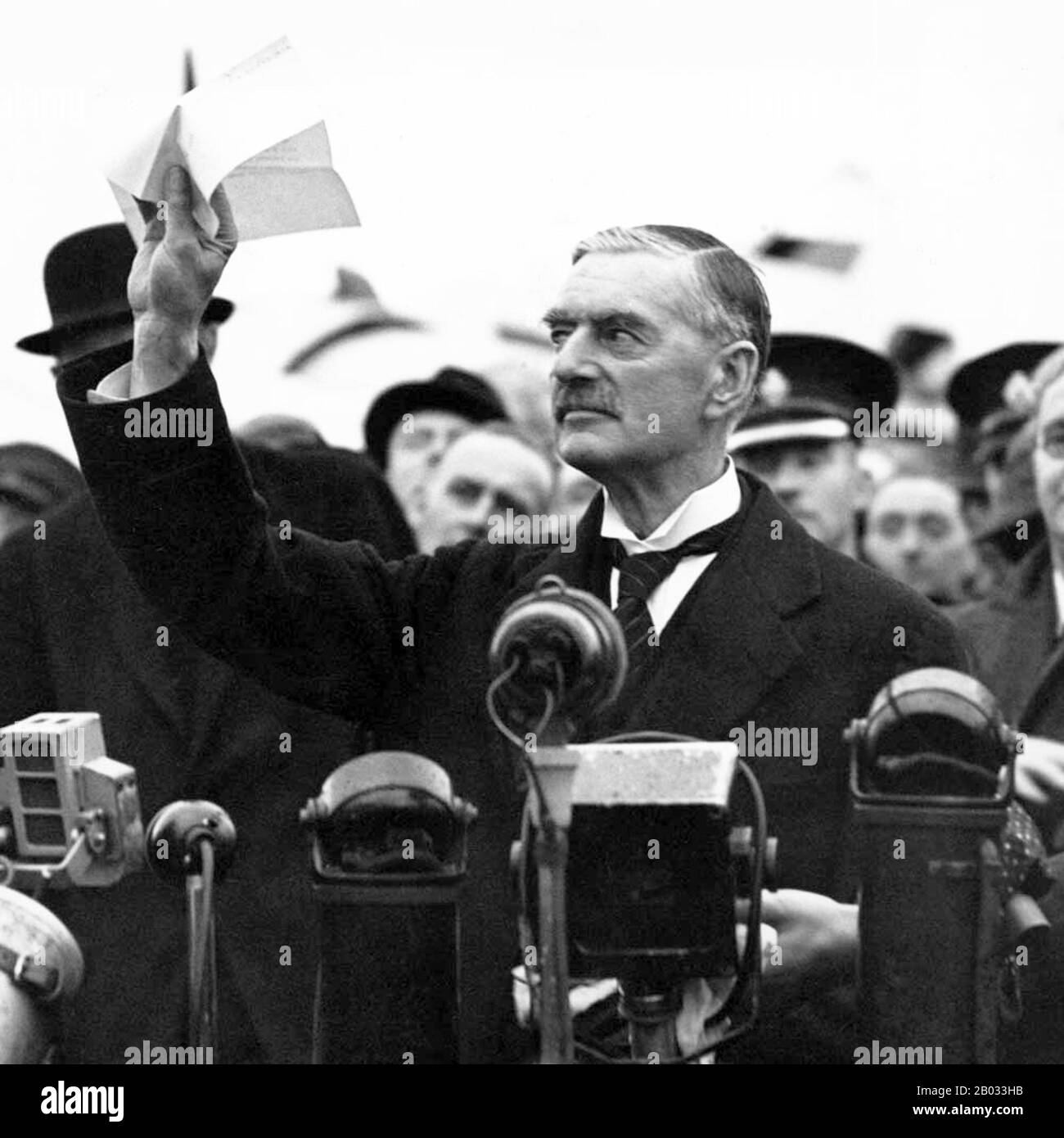 Arthur Neville Chamberlain FRS (18 March 1869 – 9 November 1940) was a British Conservative politician who served as Prime Minister of the United Kingdom from May 1937 to May 1940.  Chamberlain is best known for his appeasement foreign policy, and in particular for his signing of the Munich Agreement in 1938, conceding the German-speaking Sudetenland region of Czechoslovakia to Germany. However, when Adolf Hitler later invaded Poland, the UK declared war on Germany on 3 September 1939, and Chamberlain led Britain through the first eight months of World War II. Stock Photo
