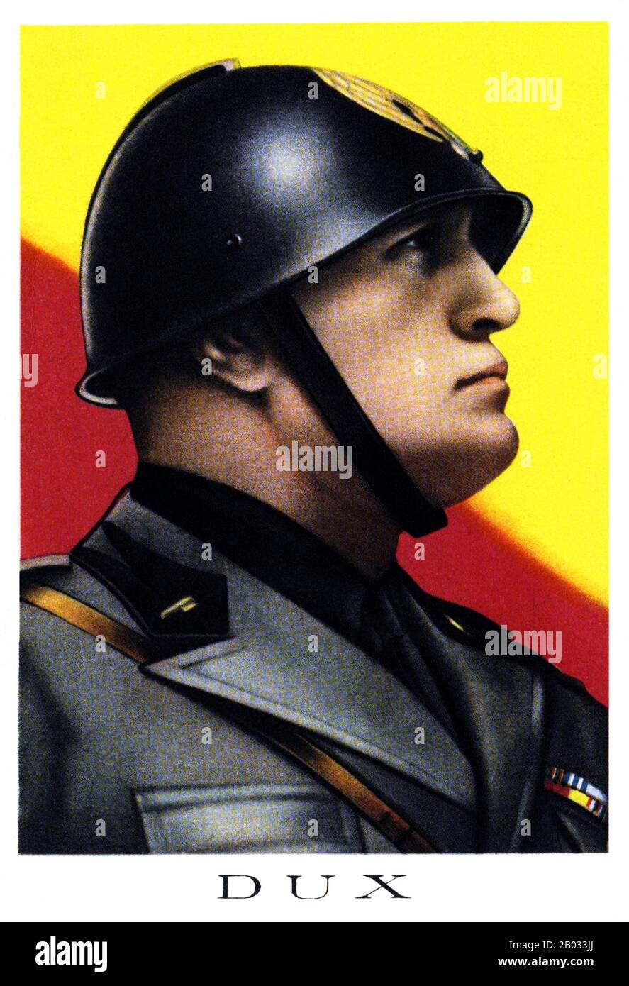 Benito Amilcare Andrea Mussolini (29 July 1883 – 28 April 1945) was an Italian politician, journalist, and leader of the National Fascist Party, ruling the country as Prime Minister from 1922 until he was ousted in 1943.  He ruled constitutionally until 1925, when he dropped all pretense of democracy and set up a legal dictatorship. Known as Il Duce ('The Leader'), Mussolini was the founder of fascism. Stock Photo