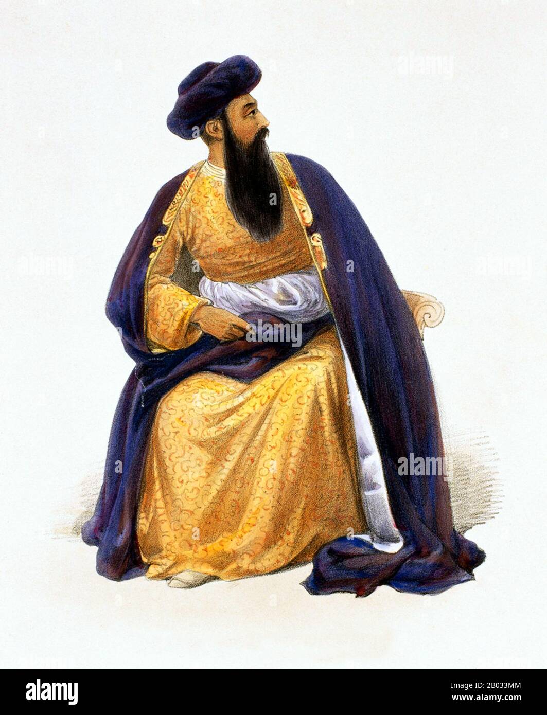Shah Shujah-ul-Mulk (1785-1842) was the Amir of Afghanistan from 1802 until 1809 when he was driven out by his rival Mahmud Shah. During the First Afghan War (1838-42), the Governor-General of India Lord Auckland, attempted to restore Shah Shujah against the wishes of the Afghan people.  In summer of 1839 the British-Indian Army of the Indus, under the command of Sir John Keane, captured Kandahar and the fortress of Ghazni. They then advanced north towards Kabul. Amir Dost Mohammed fled from the capital and Shah Shujah was duly installed in his place in August 1839.  After his British backers Stock Photo
