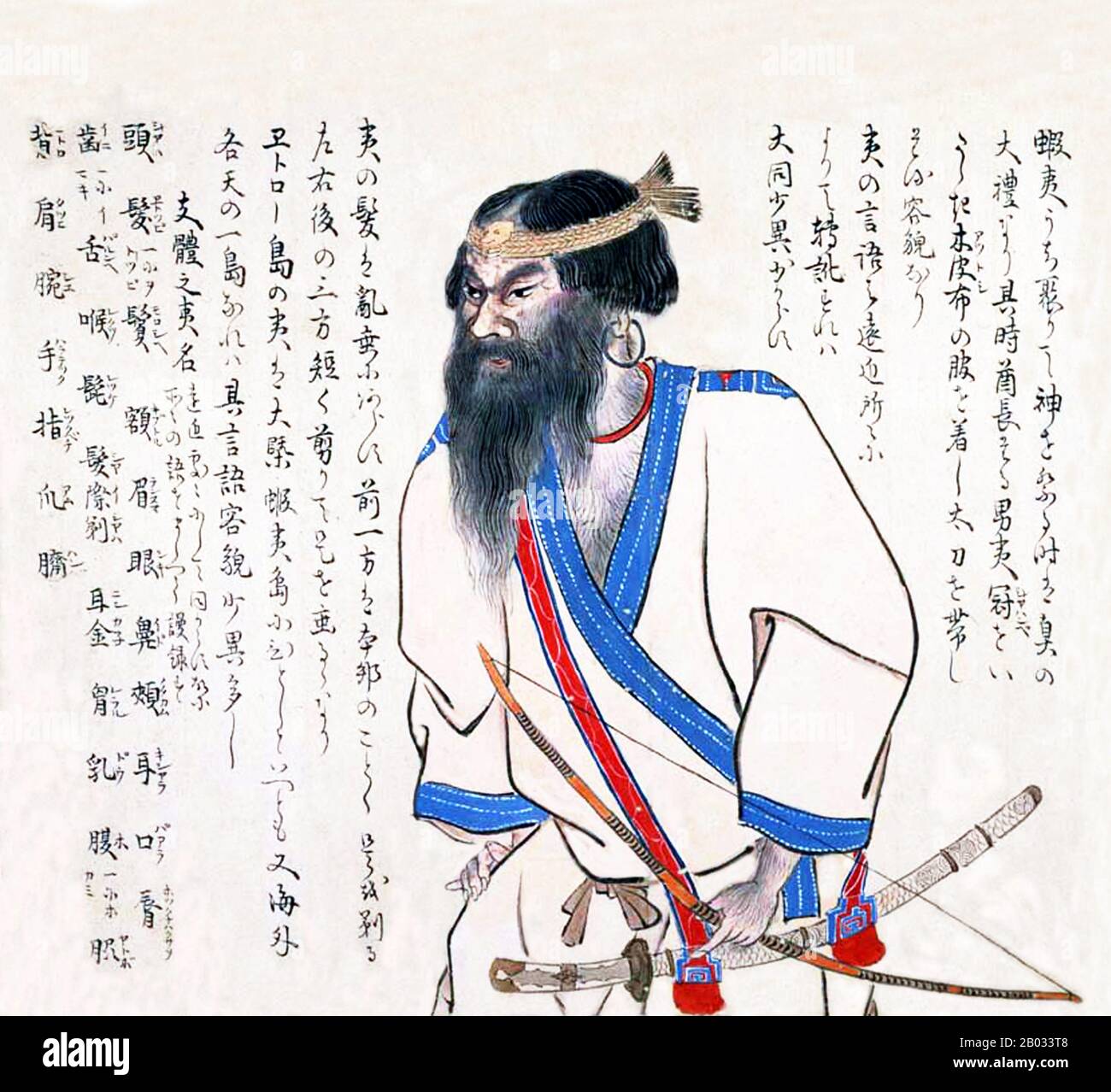 The Ezo Shima Kikan by Hata Awagimaro, completed in Kansei 11 (1799) is considered the most notable work depicting the contemporaneous lives of the Ainu.  The Ainu or in historical Japanese texts Ezo, are an indigenous people of Japan (Hokkaido, and formerly northeastern Honshu) and Russia (Sakhalin and the Kuril Islands). Stock Photo