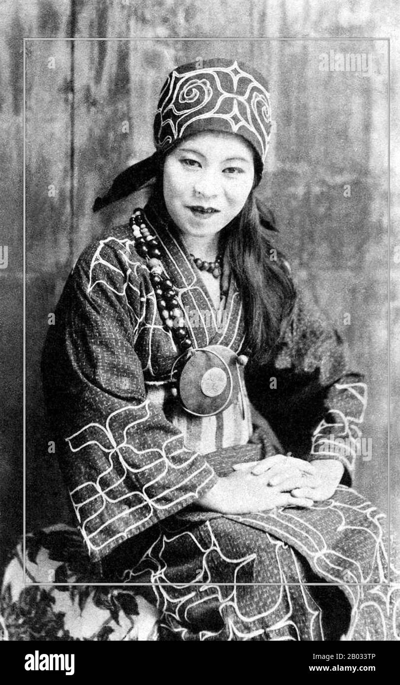 The Ainu or in historical Japanese texts Ezo, are an indigenous people of Japan (Hokkaido, and formerly northeastern Honshu) and Russia (Sakhalin and the Kuril Islands).  Historically, they spoke the Ainu language and related varieties and lived in Hokkaidō, the Kuril Islands, and much of Sakhalin. Most of those who identify themselves as Ainu still live in this same region, though the exact number of living Ainu is unknown. This is due to confusion over mixed heritages and to ethnic issues in Japan resulting in those with Ainu backgrounds hiding their identities.  In Japan, because of interma Stock Photo