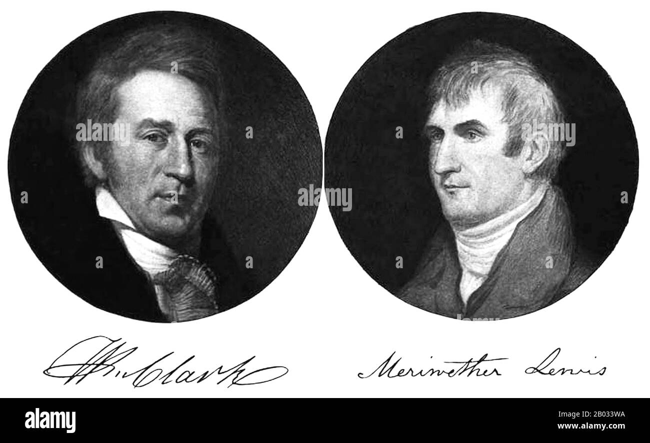 The Lewis and Clark Expedition, also known as the Corps of Discovery Expedition, was the first American expedition to cross what is now the western portion of the United States, departing in May 1804, from near St. Louis making their way westward through the continental divide to the Pacific coast.  The expedition was commissioned by President Thomas Jefferson shortly after the Louisiana Purchase in 1803, consisting of a select group of U.S. Army volunteers under the command of Captain Meriwether Lewis and his close friend, Second Lieutenant William Clark. Their perilous journey lasted from Ma Stock Photo