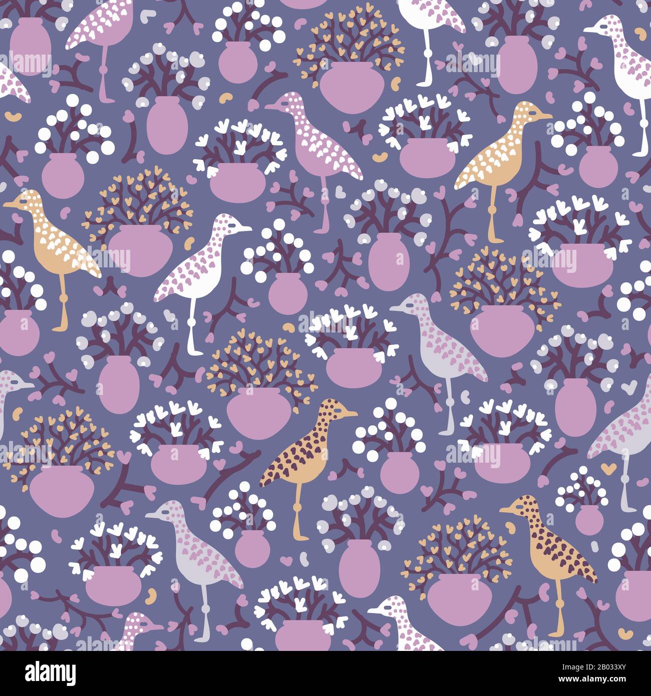 standing birds and flower vases purple seamless vector pattern Stock Vector