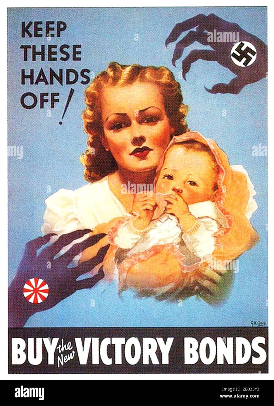 Clawed hands bearing the Nazi Swastika symbol and the Imperial Japanese Rising Sun menace an American woman and child. Stock Photo