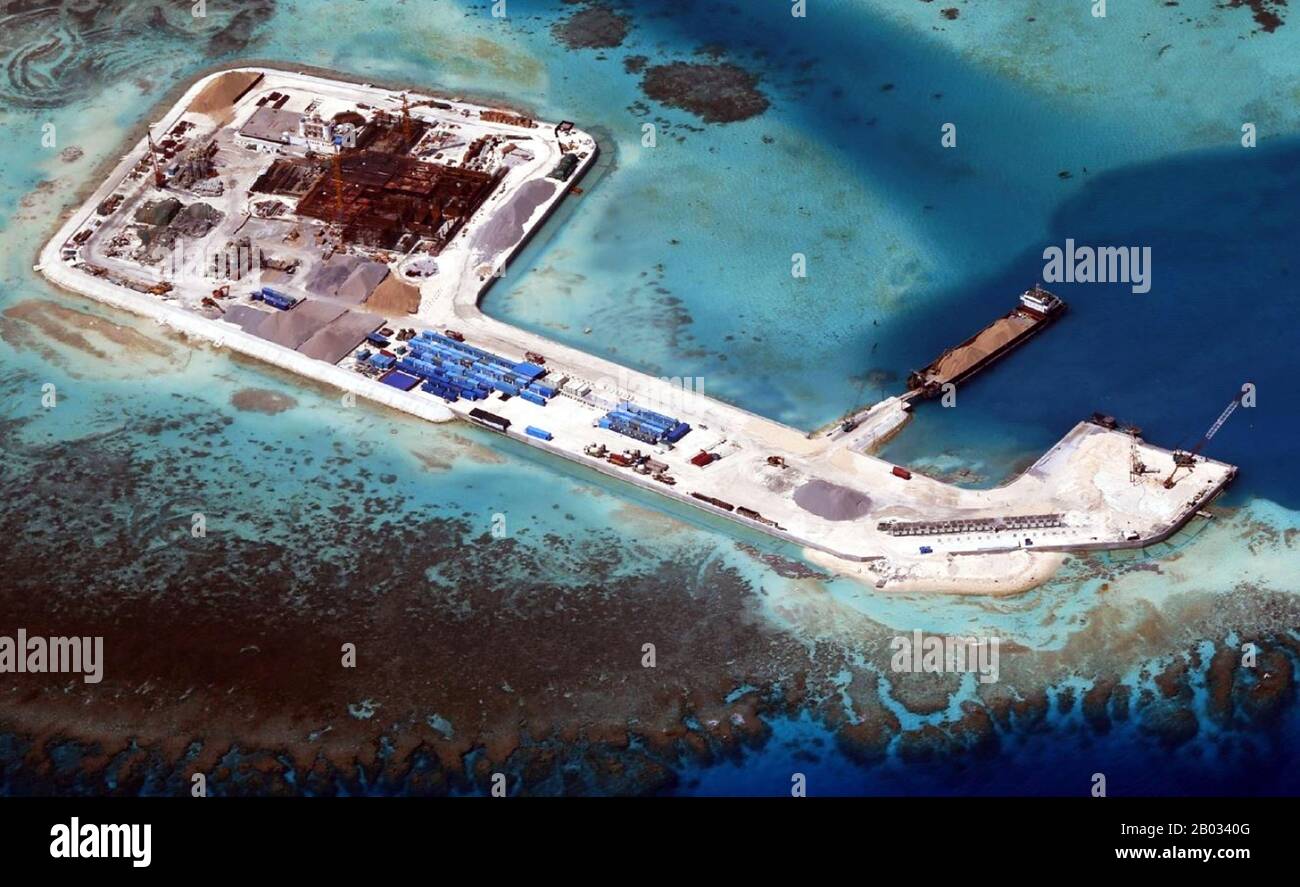 The Spratly Islands are a group of more than 750 reefs, islets, atolls, cays and islands in the South China Sea. The archipelago lies off the coasts of the Philippines and Malaysia (Sabah), about one third of the way to southern Vietnam. They comprise less than four square kilometers of land area spread over more than 425,000 square kilometers of sea. The Spratlys are one of three archipelagos of the South China Sea which comprise more than 30,000 islands and reefs and which complicate governance and economics in that region of Southeast Asia.  Such small and remote islands have little economi Stock Photo