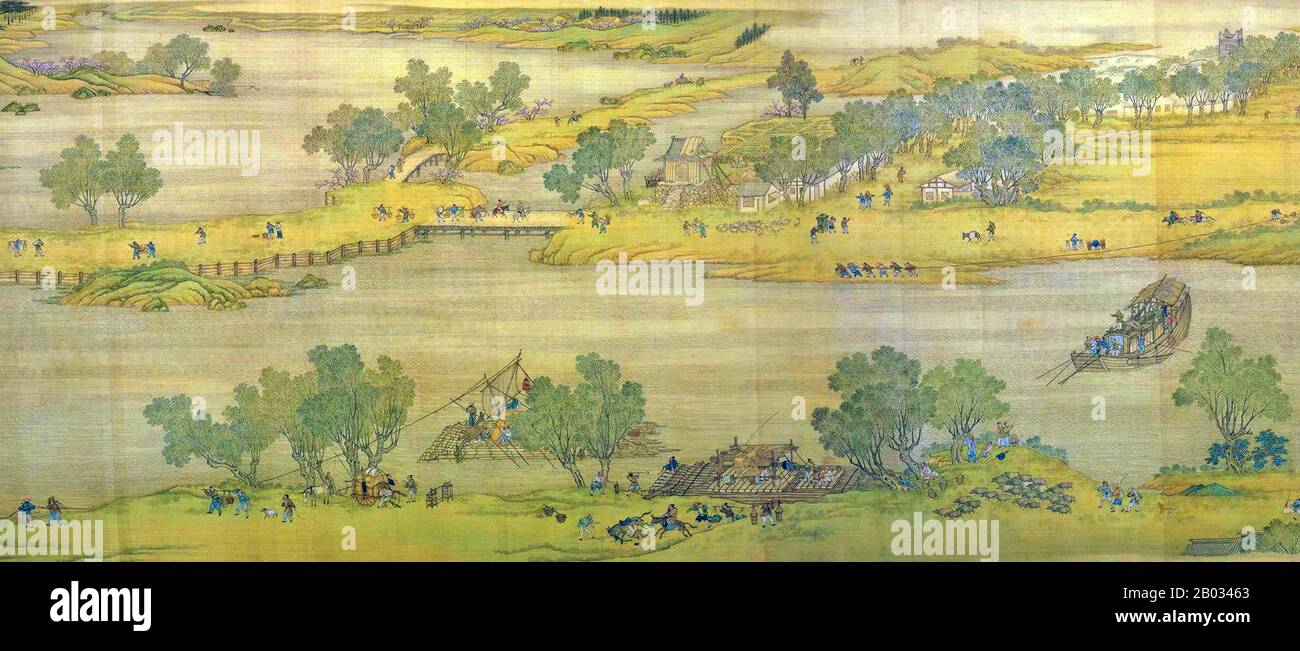 'Along the River During the Qingming Festival' is a painting by the Song dynasty artist Zhang Zeduan (1085–1145). It captures the daily life of people and the landscape of the Northern Song capital, Bianjing, today's Kaifeng. The theme is said to celebrate the festive spirit and worldly commotion at the Qingming Festival, rather than the holiday's ceremonial aspects, such as tomb sweeping and prayers.  Successive scenes reveal the lifestyle of all levels of the society from rich to poor as well as different economic activities in rural areas and the city, and offer glimpses of period clothing Stock Photo