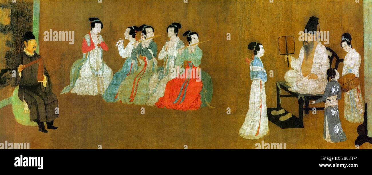 'The Night Revels of Han Xizai' is a painted scroll depicting Han Xizai, a minister of the Southern Tang Emperor Li Yu (937-978). This narrative painting is split into five distinct sections: Han Xizai listens to the pipa, watches dancers, takes a rest, listens to music, and then sees guests off.  The original, painted by Gu Hongzhong (937-975), is lost, but a 12th century copy, housed in the Palace Museum in Beijing, survives (reproduced here).  The full scroll should be viewed from right to left. Stock Photo