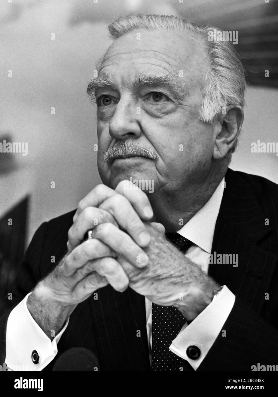 Walter Leland Cronkite, Jr. (November 4, 1916 – July 17, 2009) was an American broadcast journalist, best known as anchorman for the CBS Evening News for 19 years (1962–81).  He reported many events from 1937 to 1981, including bombings in World War II; the Nuremberg trials; combat in the Vietnam War; the Dawson's Field hijackings; Watergate; the Iran Hostage Crisis; and the assassinations of President John F. Kennedy, civil rights pioneer Martin Luther King, Jr., and Beatles musician John Lennon. Stock Photo