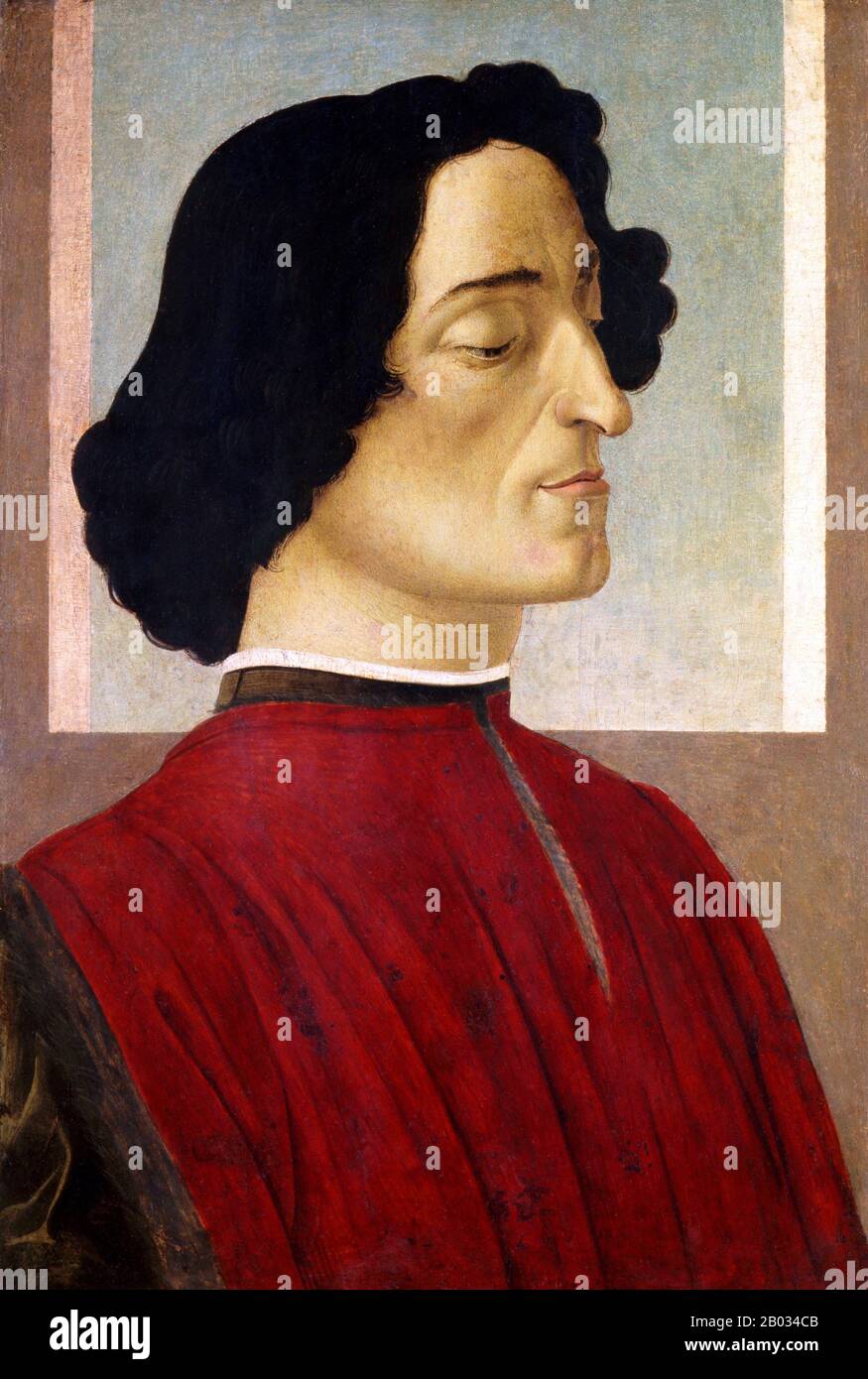 Giuliano de' Medici (25 March 1453 – 26 April 1478) was the second son of Piero de' Medici and Lucrezia Tornabuoni. He was co-ruler of Florence, with his brother Lorenzo the Magnificent.   Alessandro di Mariano di Vanni Filipepi, known as Sandro Botticelli (c. 1445 – May 17, 1510), was an Italian painter of the Early Renaissance. He belonged to the Florentine School under the patronage of Lorenzo de' Medici, a movement that Giorgio Vasari would characterize less than a hundred years later in his Vita of Botticelli as a 'golden age'.   Botticelli's posthumous reputation suffered until the late Stock Photo