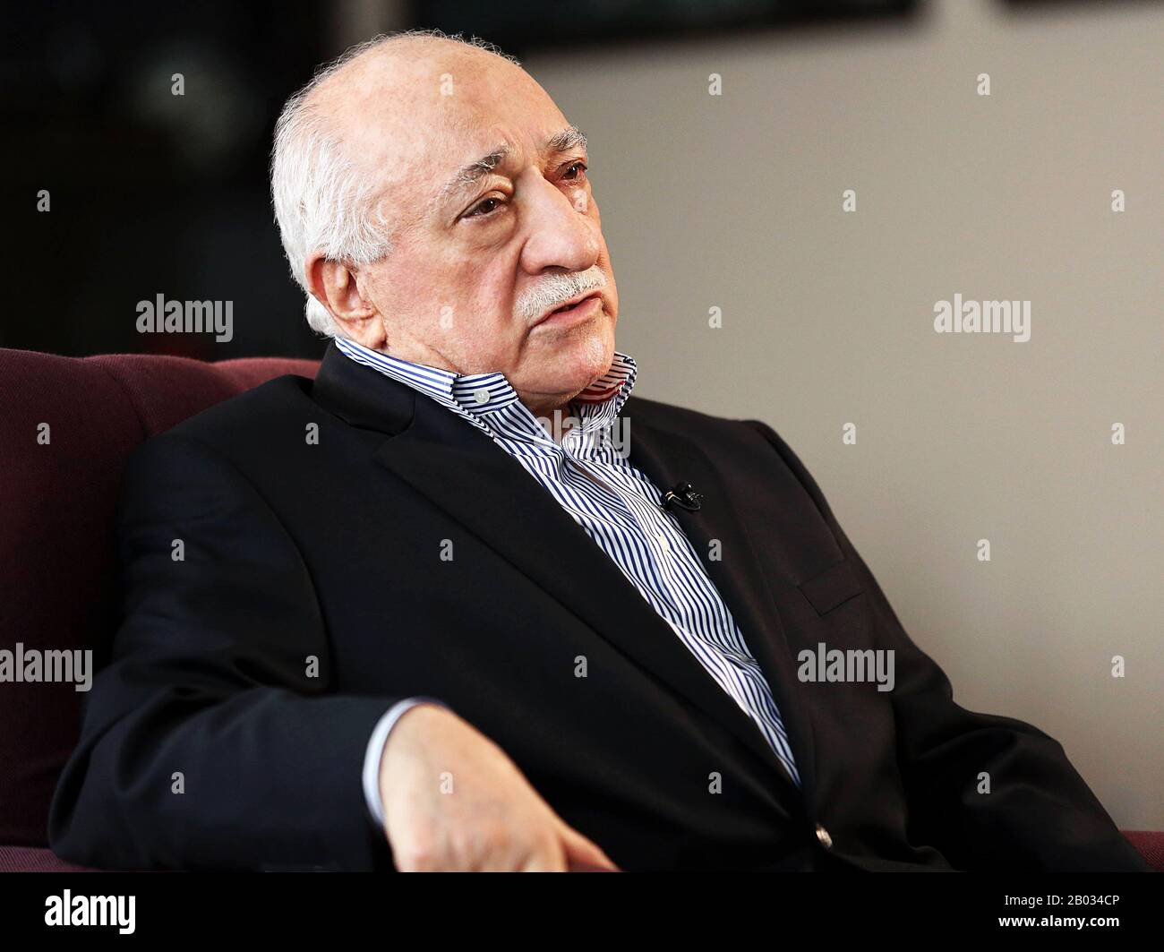 Muhammed Fethullah Gulen is the founder of the 'Gulen' movement (known as Hizmet in Turkey), and the inspiration for its largest organization, the Alliance for Shared Values.   Gulen teaches a moderate Hanafi version of Islam, deriving from the teachings of Sunni Muslim scholar Said Nursi. Gulen has stated that he believes in science, interfaith dialogue among the People of the Book, and multi-party democracy. He has initiated such dialogue with the Vatican and some Jewish organizations.   He is currently on Turkey's most-wanted-terrorist list and is accused of leading what Turkish President R Stock Photo