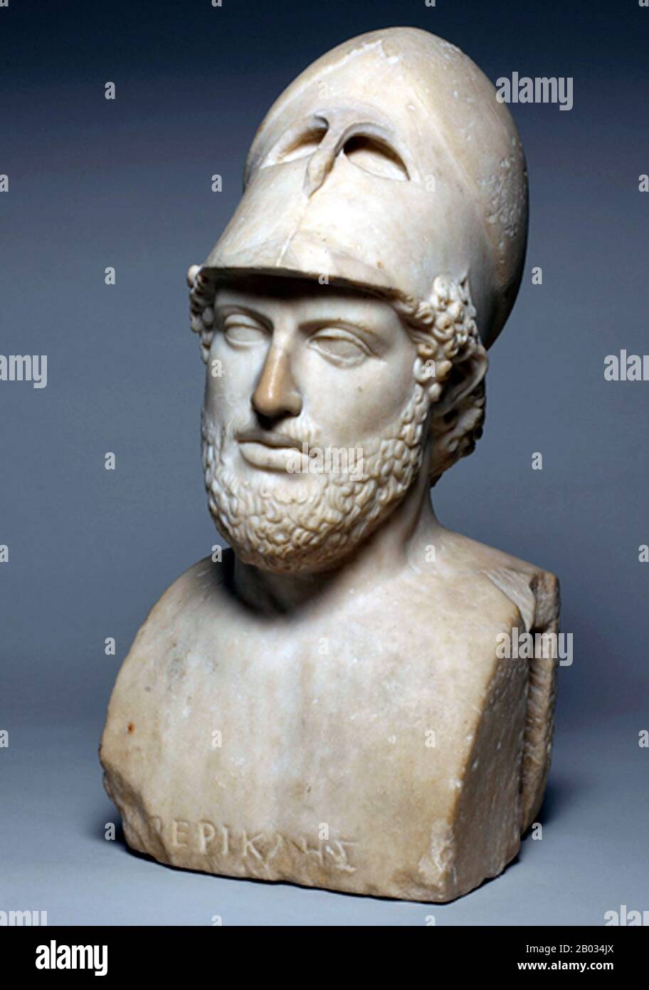 Pericles was a prominent and influential Greek statesman, orator and general of Athens during the Golden Age—specifically the time between the Persian and Peloponnesian wars.  Pericles had such a profound influence on Athenian society that Thucydides, a contemporary historian, acclaimed him as 'the first citizen of Athens'. Stock Photo