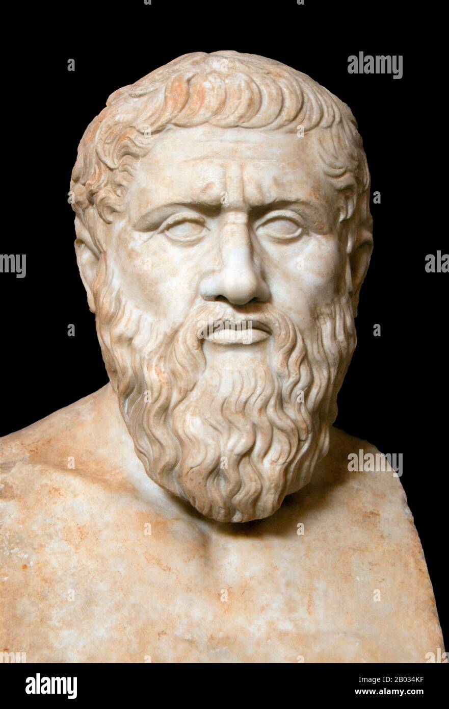 Plato (428/427 or 424/423 – 348/347 BCE) was a philosopher in Classical Greece and the founder of the Academy in Athens, the first institution of higher learning in the Western world. He is widely considered the most pivotal figure in the development of philosophy, especially the Western tradition. Unlike nearly all of his philosophical contemporaries, Plato's entire œuvre is believed to have survived intact for over 2,400 years Stock Photo