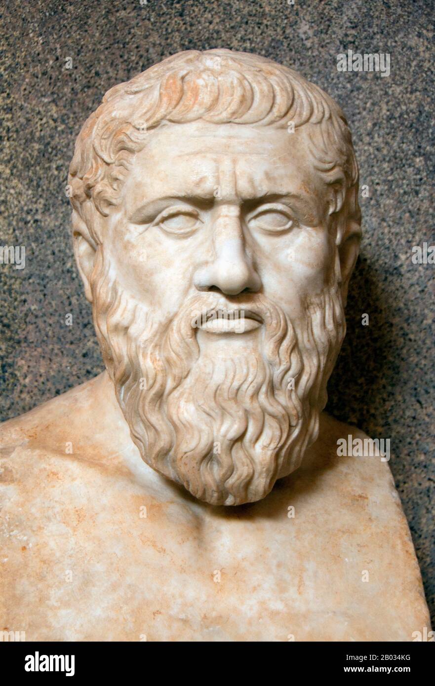 Plato (428/427 or 424/423 – 348/347 BCE) was a philosopher in Classical Greece and the founder of the Academy in Athens, the first institution of higher learning in the Western world. He is widely considered the most pivotal figure in the development of philosophy, especially the Western tradition. Unlike nearly all of his philosophical contemporaries, Plato's entire œuvre is believed to have survived intact for over 2,400 years Stock Photo