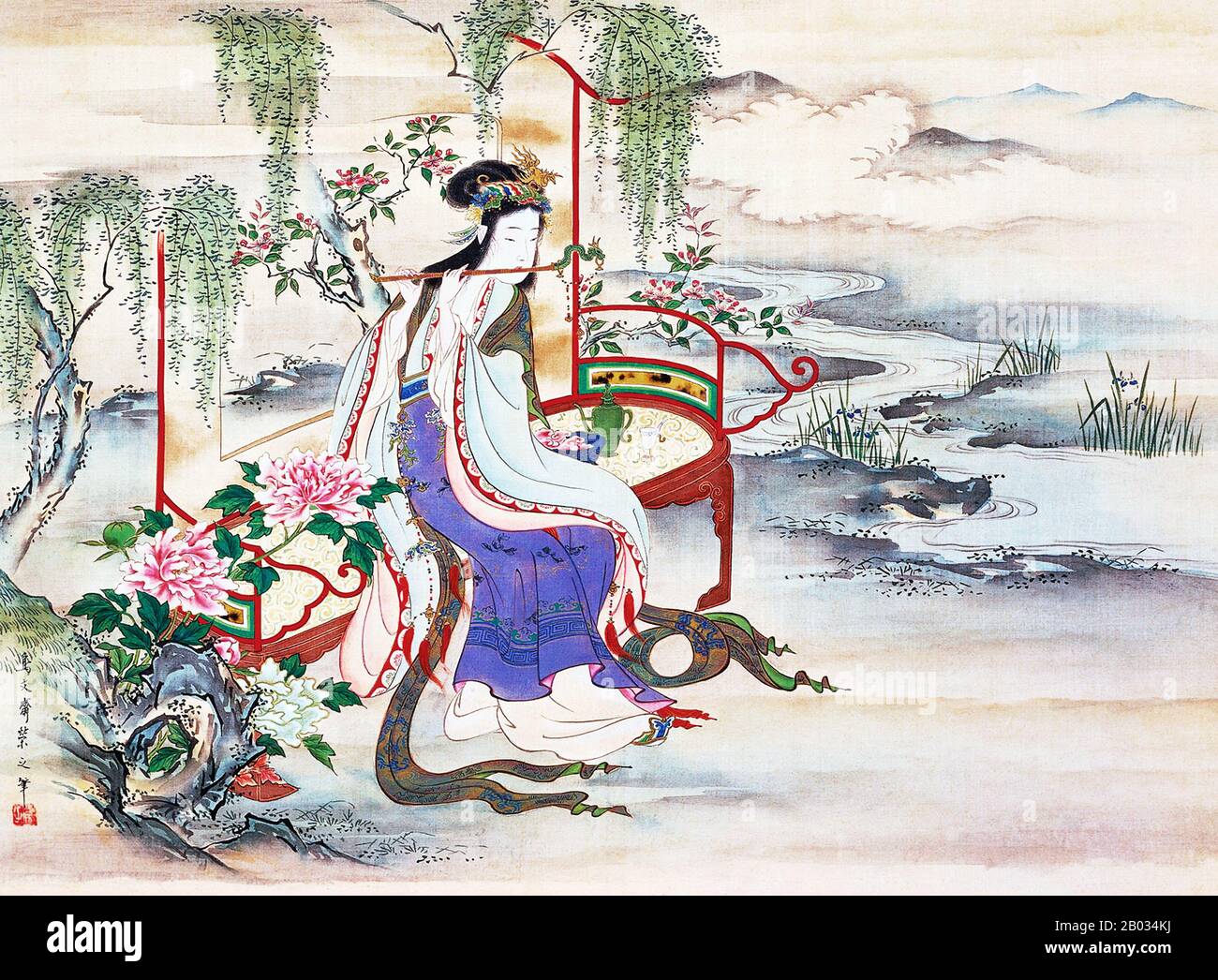 Consort Yang Yuhuan (1 June 719 — 15 July 756 CE), often known as Yang Guifei (Guifei being the highest rank for imperial consorts during her time), known briefly by the Taoist nun name Taizhen, is famous as one of the Four Beauties of ancient China.  She was the beloved consort of Emperor Xuanzong of Tang during his later years. During the Anshi Rebellion, as Emperor Xuanzong was fleeing from the capital Chang'an to Chengdu, she was killed because his guards blamed the rebellion on her powerful cousin Yang Guozhong and the rest of her family.  The story of Yang Guifei and the poem also became Stock Photo