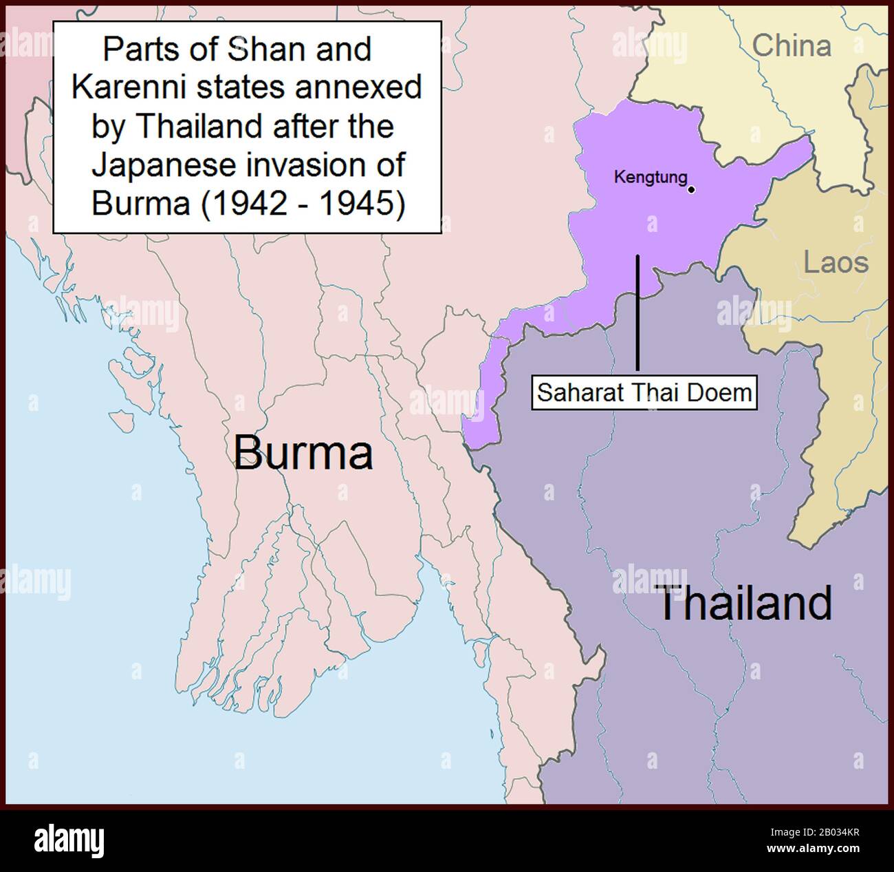 'Saharat Thai Doem' or 'The Federated Original Thai (States)' was a territory in Burma's eastern Shan State and eastern Karenni state approximating to territories ceded under pressure by Siam to the British in 1893 and considered 'lost territories' by subsequent Siamese and Thai governments.  In 1942 the Imperial Japanese Army accompanied by the Thai Phayap Army invaded Burma's Federated Shan States from Thailand. Following the Japanese-Thai victory, on 18 August 1943 the Japanese government agreed to the Thai annexation of all of Kengtung State and part of Mongpan State. The Thai authorities Stock Photo