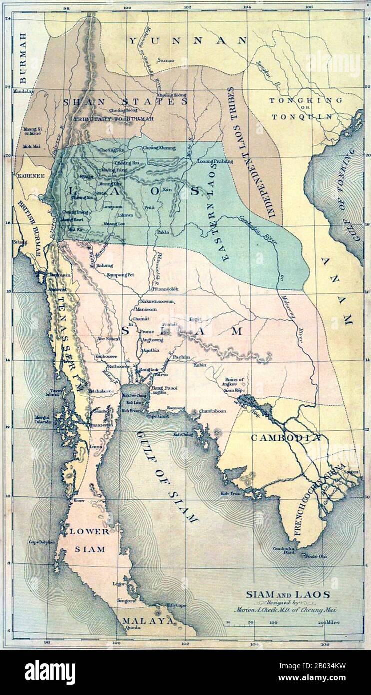 Dr Marion Alonzo Cheek (1853-1895), was a physician, businessman and sometime missionary in Chiang Mai, 1875-95.  His map, drawn for the Presbyterian Mission, indicates the Shan States in brown as 'tributary to Burmah' (although Jinghong, here identified as Cheung Hoong, was and remains a part of China) and the 'Independent Laos Tribes' corresponding approximately to the semi-independent Tai territory of Sipsongchuthai, now a part of Vietnam.  The northern Tai  Kingdom of Lan Na, based on Chiang Mai, and the Lao Kingdom of Lan Chang, based on Luang Prabang, are coloured green and represented j Stock Photo