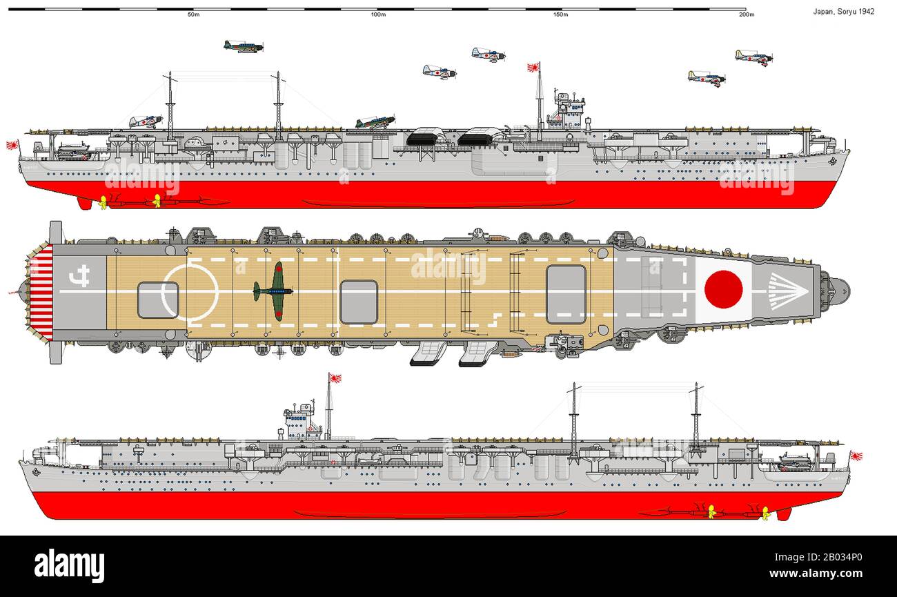 The Imperial Japanese Navy aircraft carrier Soryu was constructed between 1934 and 1937, and served between 1927 and 1942.  The Soryu participated in the attack on Pearl Harbour in December 1941, and was sunk at the Battle of Midway in June 1942. Stock Photo