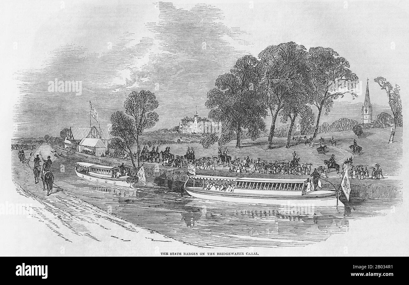 The Bridgewater Canal connects Runcorn, Manchester and Leigh, in North West England. It was commissioned by Francis Egerton, 3rd Duke of Bridgewater, to transport coal from his mines in Worsley to Manchester. It was opened in 1761 from Worsley to Manchester, and later extended from Manchester to Runcorn, and then from Worsley to Leigh.  The canal is connected to the Manchester Ship Canal via a lock at Cornbrook; to the Rochdale Canal in Manchester; to the Trent and Mersey Canal at Preston Brook, southeast of Runcorn; and to the Leeds and Liverpool Canal at Leigh.  Often considered to be the fi Stock Photo