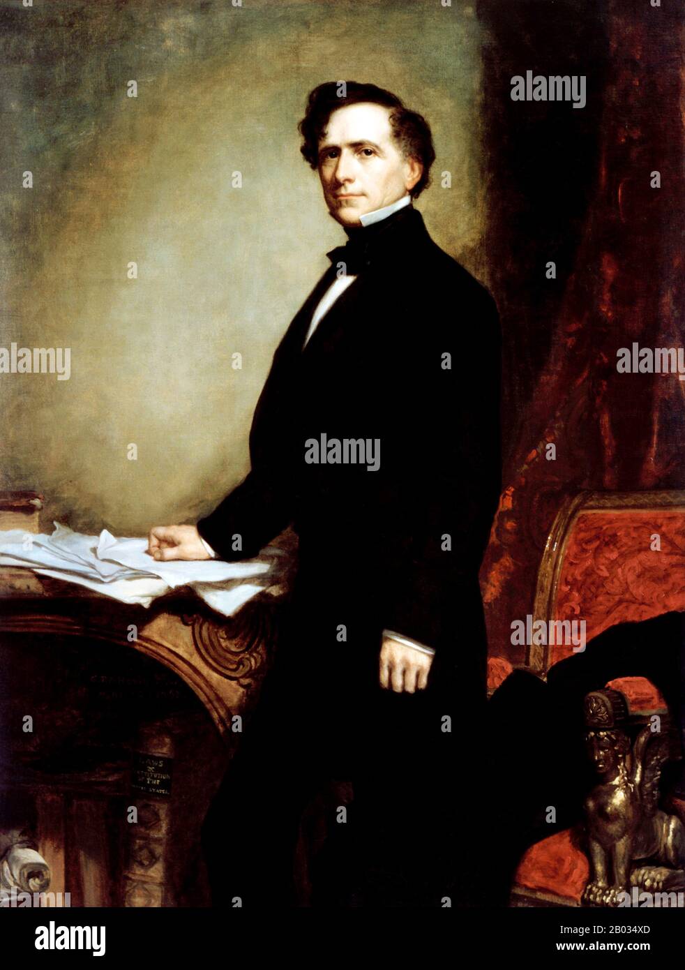 Franklin Pierce (November 23, 1804 – October 8, 1869) was the 14th President of the United States (1853–57). Pierce was a northern Democrat who saw the abolitionist movement as a fundamental threat to the unity of the nation.  His polarizing actions in championing and signing the Kansas–Nebraska Act and enforcing the Fugitive Slave Act failed to stem intersectional conflict, setting the stage for Southern secession. Stock Photo
