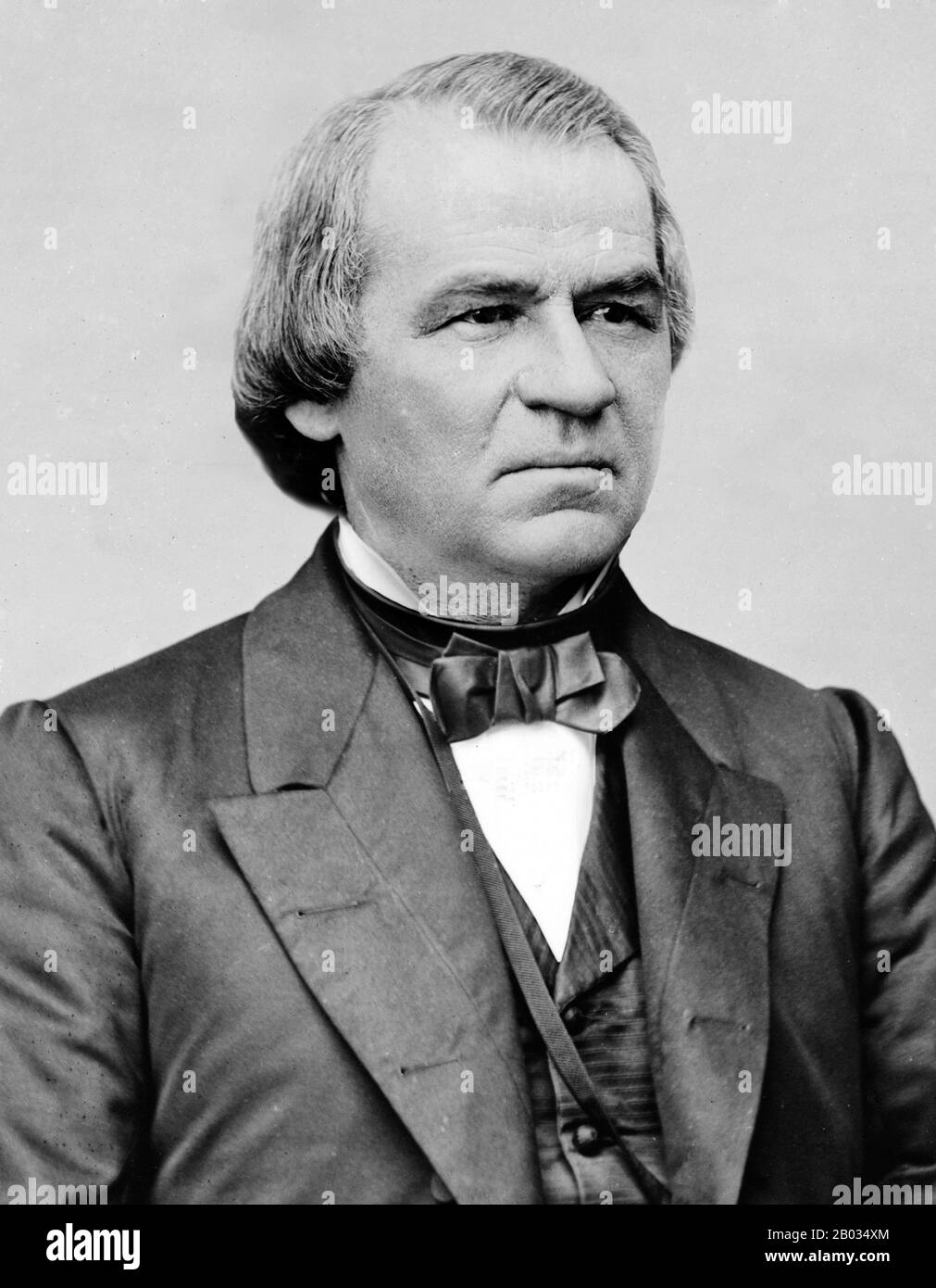 Andrew Johnson (December 29, 1808 – July 31, 1875) was the 17th President of the United States, serving from 1865 to 1869. Johnson became president as he was vice president at the time of the assassination of Abraham Lincoln. A Democrat who ran with Lincoln on the National Union ticket, Johnson came to office as the Civil War concluded.  The new president favored quick restoration of the seceded states to the Union. His plans did not give protection to the former slaves, and he came into conflict with the Republican-dominated Congress, culminating in his impeachment by the House of Representat Stock Photo