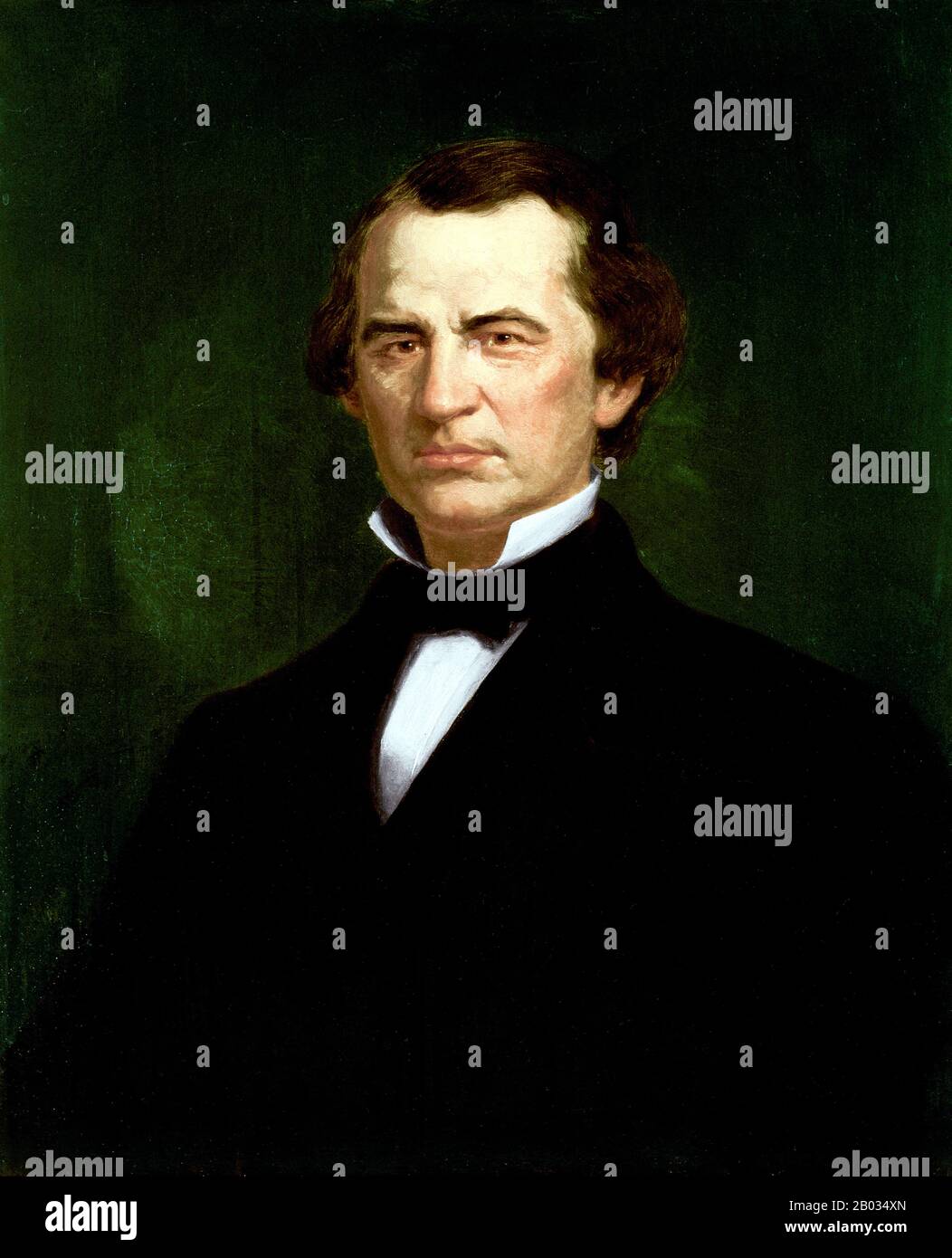 Andrew Johnson (December 29, 1808 – July 31, 1875) was the 17th President of the United States, serving from 1865 to 1869. Johnson became president as he was vice president at the time of the assassination of Abraham Lincoln. A Democrat who ran with Lincoln on the National Union ticket, Johnson came to office as the Civil War concluded.  The new president favored quick restoration of the seceded states to the Union. His plans did not give protection to the former slaves, and he came into conflict with the Republican-dominated Congress, culminating in his impeachment by the House of Representat Stock Photo